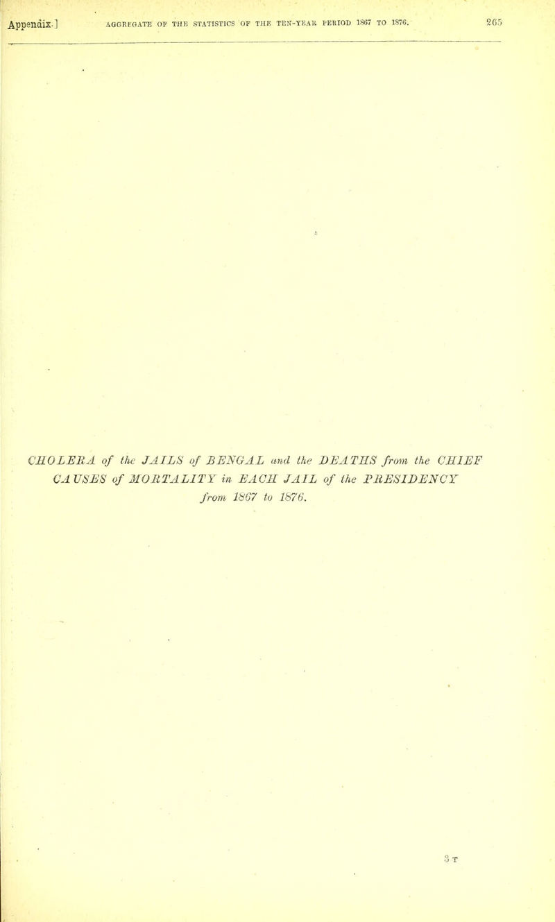 CROLEBA of the JAILS of BENGAL and the DEATHS from the CHIEF CAUSES of MOBTALITY in EACH JAIL of the FBESIBENCY from 1867 to 1876. St