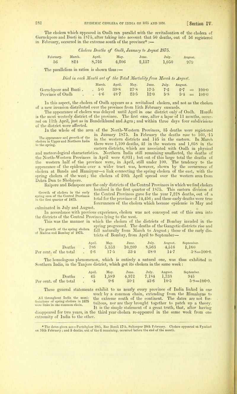 The cholera which appeared in Oudh ran parallel with the revitallsation of the cholera of Goruckpore and Busti in 1875, after taking into account that 50 deathsj out of 56 registered in Fel^ruary, occurred in the extreme south of the province* :— Cholera BeatJis of Oudh, Jamiary to August 1875. February. March. April. May. June. July. August. 56 824 8,726 4,206 2,137 1,050 979 The parallelism, in ratios is shown thus:— Died in each Month out of the Total Mortality from March to August. March. April. May. June. July. August. Goruckpore and Busti . . 5-0 39-8 27-8 17-5 7-2 2-7 = lOO-O Province of Oudh . . 4-6 487 23-5 12-0 5-8 5-4 = lOO-Q In this aspect, the cholera of Oudh appears as a revitalised cholera, and not as the cholera of a new invasion distributed over the province from 15th February onwards. The appearance of cholera was delayed until April in one district only of Oudh. Hurd?)i is the most westerly district of the province. The first case, after a lapse of 11 months, occur- red on 11th April, just as in Bundelkhund and Agra; and within three days four subdivisions of the district were affected. In the whole of the area of the North-Western Provinces, 35 deaths were registered in January 1875. In February the deaths rose to 160, -15 The appearance and growth^^^^^^^^ .^^ ^j^^ western districts and 145 in the eastern. In March cholera in Upper and INortuern India i inn i ji ^r. • ji i i t nro • .1 in the spring. there were l,iOO deaths, 42 m the western and 1,058 m the eastern districts, which are associated with Oudh in physical and meteorological characteristics. Northern India still remaining unaffected, the deaths of the North-Western Provinces in April were 6,031; but out of this large total the deaths of the western half of the province were, in April, still under 100. The tendency to the appearance of the epidemic over a wider tract was, however, shown by the occurrence of cholera at Banda and Hamirpur—a link connecting the spring cholera of the east, with the spring cholera of the west; the cholera of 20th April spread over the western area from Dehra Dun to Sholapore. Raipore and Belaspore are the only districts of the Central Provinces in which we find cholera localised in the first quarter of 1875. This eastern division of Growth of cholera in the early ^j^^ Central Provinces gave for the year 7,228 deaths, out of a spring area of the Central Provinces ,, . ^ ■^ a n i,i in the first quarter of 1875. total tor the provmce ot 14,456 ; and these early deaths were true forerunners of the cholera which became epidemic in May and culminated in July and August. In accordance with previous experience, cholera was not conveyed out of this area into the districts of the Central Provinces lying to the west. This was the maimer in which the cholera of the districts of Bombay invaded in the spring progressed. The deaths of the Gangetic districts rise and The growth of the spring cholera f^^jj naturally from March to August; those of the early dis- of Madras and Bombay ot 187o. j-iP-n i £ *Mj_ci i i tricts or Bombay, from April to September— April. May. June. July. August. September. Deaths . 786 5,35-3 10,209 8,563 4,516 1,160 Per cent, of the total . 2-6 17-5 33-4 28-0 14-7 3-8=100-0. The homologous phenomenon, which is entirely a natural one, was thus exhibited in Southern India, in the Tanjore district, which got its cholera in the same week: April. May. June. July. August. September. Deaths . 65 1,589 4,972 7,184 1,733 945 Per cent, of the total . -4 9-6 30-1 43-6 10-5 5-8=100-0. These general statements exhibit to us nearly every province of India linked in one week by a common chain, extending from the Himalayas to All throughout India the mani- the extreme south of the continent. The dates are not for- Sirs^otcLtS^Iro.'''' tuitous, nor are they brought together to patch up a theory. It IS the simple statement of a great truth, that, after having disappeared for two years, in the thnd year cholera re-appeared in the same week from one extremity of India to the other. *The dates given are—Partabghur 19th, Rae Bareli 17th, Sultanpur 28th February. Cholera appeared at Fyzabad on 16th February; and 5 deaths, out of the 6 remaining, occurred before the end of the mouth.