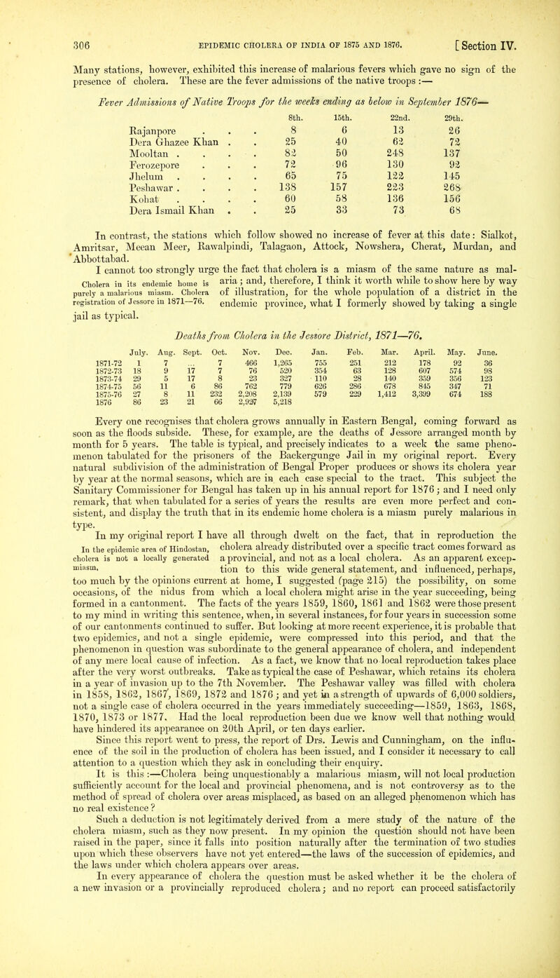 Many stations, however, exhibited this increase of malarious fevers which gave no sign of the presence of cholera. These are the fever admissions of the native troops :— Fever Admissions of Native Troojis for the weeks ending as helow iti Septemier 1876-^ 8th. 15th. 22nd. 29th. Rajanpore 8 6 13 26 Dera Ghazee Khan . 25 40 62 72 Mooltan . . . ■ s-z 50 248 137 Ferozepore 72 96 130 92 Jhelum 65 75 122 145 Peshawar . 138 157 223 268 Kohat 60 58 136 156 Dera Ismail Khan 25 33 73 68 In contrast, the stations which follow showed no increase of fever at this date : Sialkot, Amritsar, Meean Meer, Rawalpindi, Talagaon, Attock, Nowshera, Cherat, Murdan, and 'Abhottabad. I cannot too strongly urge the fact that cholera is a miasm of the same nature as mal- Cholera in its endemic home is aria,; and, therefore, I think it worth while to show here by way purely a malarious miasm. Cholera of illustration, for the whole population of a district in the registration of Jessore iu 1871—76. endemic province, what I formerly showed by taking a single jail as typical. Beat/is from Cholera in the Jessore District, 1871—76. July. Aug. Sept. Oct. Nov. Dec. Jan. Feb. Mar. April. May. June. 1871-72 1 7 7 466 1,265 755 251 212 178 92 36 1872-73 18 9 17 7 76 520 3.54 63 128 607 574 98 1873-74 29 5 17 8 23 327 110 28 140 359 356 123 1874-75 56 11 6 86 762 779 626 286 678 845 347 71 1875-76 27 8 11 232 2,208 2,139 579 229 1,412 3,399 674 188 1876 86 23 21 66 2,927 5,218 Every one recognises that cholera grows annually in Eastern Bengal, coming forward as soon as the floods subside. These, for example, are the deaths of Jessore arranged month by month for 5 years. The table is typical, and precisely indicates to a week the same pheno- menon tabulated for the prisoners of the Backergunge Jail in my original report. Every natural subdivision of the administration of Bengal Proper produces or shows its cholera year by year at the normal seasons, which are in each case special to the tract. This subject the Sanitary Commissioner for Bengal has taken up in his annual report for 1876; and I need only remark, that when tabulated for a series of years the results are even more perfect and con- sistent, and display the truth that in its endemic home cholera is a miasm purely malarious in type. In my original report I have all through dwelt on the fact, that in reproduction the In the epidemic area of Hindostan, cholera already distributed over a specific tract comes forward as cholera is not a locally generated a provincial, and not as a local cholera. As an apparent excep- •'^s™' tion to this wide general statement, and influenced, perhaps, too much by the opinions current at home, I suggested (page 215) the possibility, on some occasions, of the nidus from which a local cholera might arise in the year succeeding, being formed in a cantonment. The facts of the years 1859, 1860, 1861 and 1862 were those present to my mind in writing this sentence, when, in several instances, for four years in succession some of our cantonments continued to suffer. But looking at more recent experience, it is probable that two epidemics, and not a single epidemic, were compressed into this period, and that the phenomenon in question was subordinate to the general appearance of cholera, and independent of any mere local cause of infection. As a fact, we know that no local reproduction takes place after the very worst outbreaks. Take as typical the case of Peshawar, which retains its cholera in a year of invasion up to the 7th November. The Peshawar valley was filled with cholera in 1858, 1862, 1867, 1869, 1872 and 1876 ; and yet in a strength of upwards of 6,000 soldiers, not a single case of cholera occurred in the years immediately succeeding—1859, 1863, 1868, 1870, 1873 or 1877. Had the local reproduction been due we know well that nothing would have hindered its appearance on 20th April, or ten days earlier. Since this report went to press, the report of Drs. Lewis and Cunningham, on the influ- ence of the soil in the production of cholera has been issued, and I consider it necessary to call attention to a question which they ask in concluding their enquiry. It is this :—Cholera being unquestionably a malarious miasm, will not local production sufficiently account for the local and provincial phenomena, and is not controversy as to the method of spread of cholera over areas misplaced, as based on an alleged phenomenon which has no real existence ? Such a deduction is not legitimately derived from a mere study of the nature of the cholera miasm, such as they now present. In my opinion the question should not have been raised in the paper, since it falls into position naturally after the termination of two studies upon which these observers have not yet entered—the laws of the succession of epidemics, and the laws under which cholera ajjpears over areas. In every appearance of cholera the question must be asked whether it be the cholera of a new invasion or a provincially reproduced cholera; and no report can proceed satisfactorily