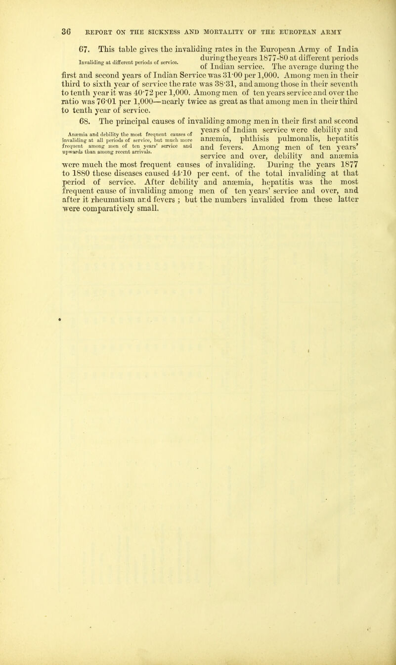 67. This table gives the invalidiug rates in the European Army of India , , , . . duringthe years 1877-80 at different periods Invauding at difterent periods oi service, p t V• • nn i • ^ ^ 01 Indian service. The average during the first and second years of Indian Service was 31'00 per 1,000. Among men in their third to sixth year of service the rate was 38*31, and among those in their seventh to tenth year it was 40*72 per 1,000. Among men of ten years service and over the ratio was 76-01 per 1,000—nearly twice as great as that among men in their third to tenth year of service. 68. The principal causes of invaliding among men in their first and second ,. , , , , ^ years of Indian service were debility and Anjemia and debility the most ireqnent causes of  . -i Jt • • i t t x-x* invaliding at all periods of service, but much more auasmia, phthlSlS pulmOUallS, llCpatltlS frequent among men of ten yeai-s' service and ^j^d fcVCrS. AmOUJ? mCU of ten V^ars' upwards tban among recent an-ivals. . , n i • t j i service and over, debility and ansemia were much the most frequent causes of invaliding. During the years 1877 to 1880 these diseases caused 44i'10 per cent, of the total invaliding at that period of service. After debihty and ansemia, hepatitis was the most frequent cause of invaliding among men of ten years' service and over, and after it rheumatism and fevers ; but the numbers invalided from these latter were comparatively small.