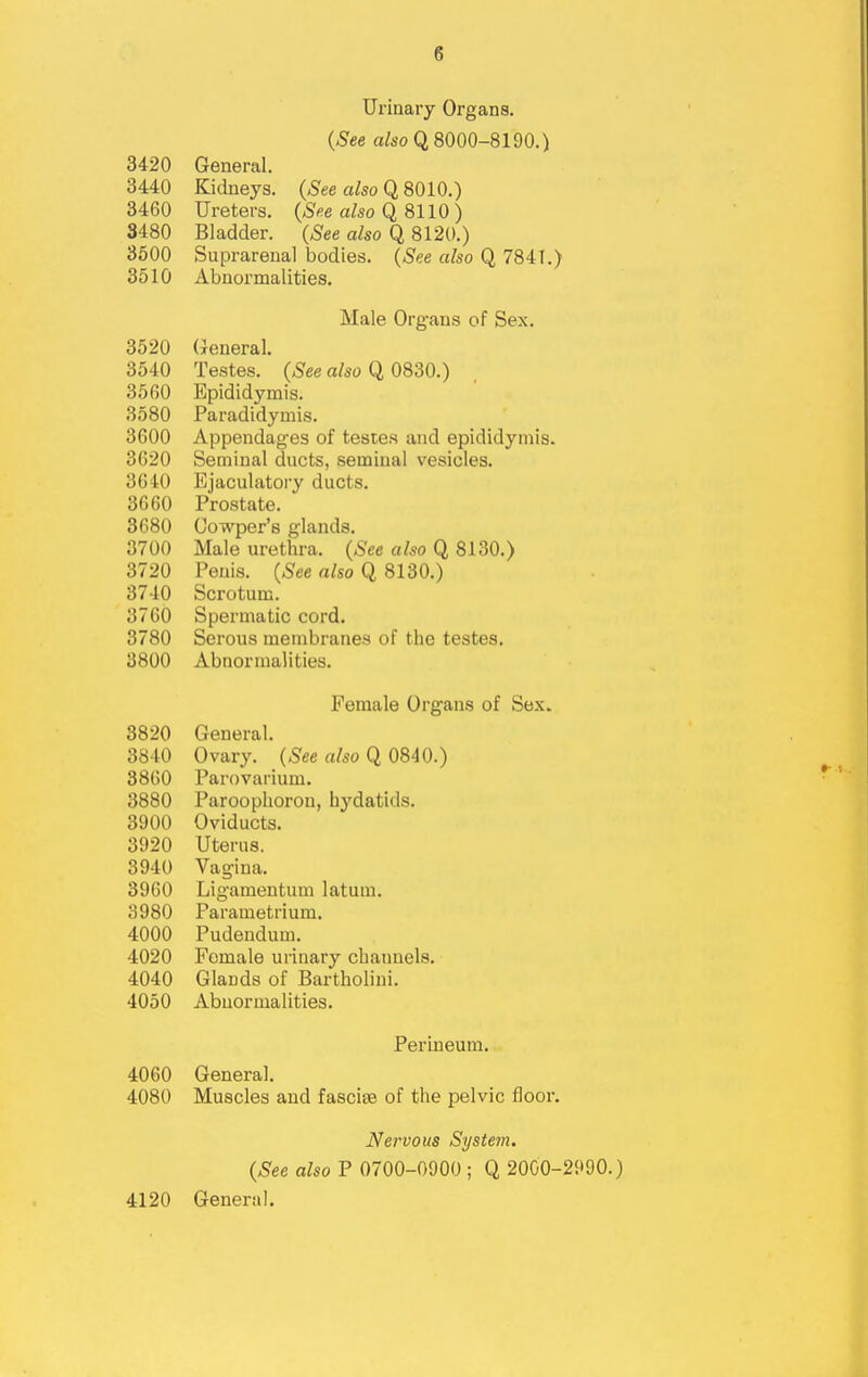 Urinary Organs. {See a/soQ 8000-8190.) 3420 General. 3440 Kidneys. (See also Q 8010.) 3460 Ureters. {See also Q 8110 ) 8480 Bladder. {See also Q 8120.) 3600 Suprarenal bodies. {See also Q 7841.) 3510 Abnormalities, Male Organs of Sex. 3520 (General. 3540 Testes. {See also Q 0830.) 3560 Epididymis. 3580 Paradidymis. 3600 Appendages of testes and epididymis. 3620 Seminal ducts, seminal vesicles. 3640 Ejaculatoi-y ducts. 3660 Prostate. 3680 Cowper's glands. 3700 Male urethra. {See also Q 8130.) 3720 Penis. {See also Q 8130.) 3740 Scrotum. 3760 Spermatic cord. 3780 Serous membranes of the testes, 3800 Abnormalities. Female Organs of Sex. 3820 General. 3840 Ovary. {See also Q 0840.) 3860 Parovarium. 3880 Paroophoron, hydatids, 3900 Oviducts, 3920 Uterus. 3940 Vagina. 3960 Ligamentum latum, 3980 Parametrium. 4000 Pudendum. 4020 Female urinary channels, 4040 Glands of Bartholini. 4050 Abnormalities. Perineum, 4060 General. 4080 Muscles and fasciae of the pelvic floor. Nervous System. {See also P 0700-0900 ; Q 2000-2990.)