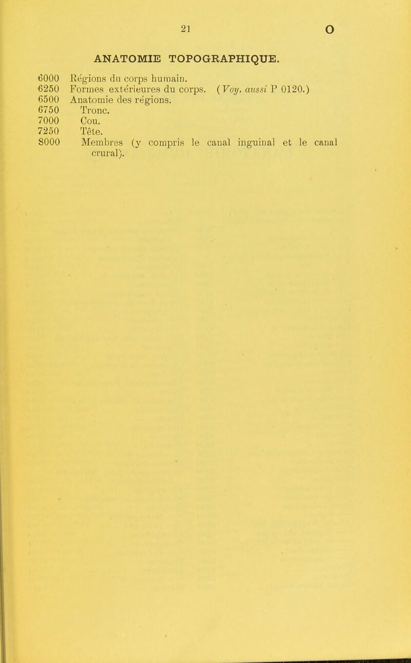ANATOMIE TOPOGRAPHIQUE. 6000 Reg-ions dii corps humain. 6250 Formes exterieures du corps. (Voi/. aussi V 0120.) 6500 Anatomie des regions. 6750 Tronc. 7000 Cou. 7250 Tele. 8000 Membres (y corapris le canal inguinal et le canal crural).