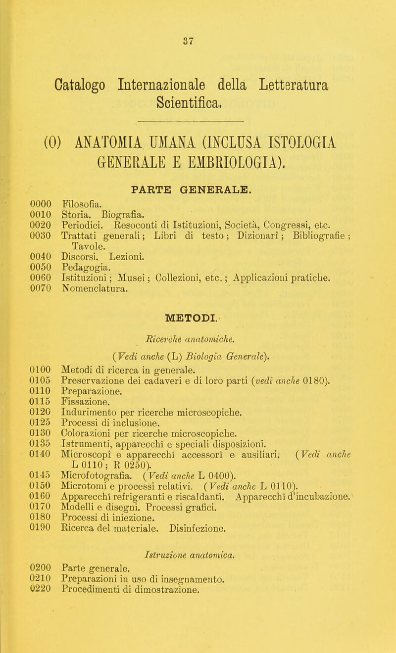 Oatalogo Internazionale della Letteratura Scientifica. (0) ANATOMIA UMANA (INCLUSA ISTOLOGIA GEMRAIE E EMBRIOLOGIA). PARTE GENERALE. Pilosofia. Storia. Biografia. Periodici. Resocoati di Istituzioni, Societa, Congressi, etc. Trattati geuerali; LibrI di testo; Dizioiiari; Bibliografie; Tavole. Discorsi. Lezioni. Pedag-ogia. Istituzioni; Musei; Collezioni, etc.; Applicazioiii praticlie. Nomenclatnra. METODL Ricerche anatomiche. ( Vedi anche (L) Biologia Generale). 0100 Metodi di ricerca in generale. 0105 Preservazione dei cadaveri e di loro parti {vedi anche 0180). 0110 Preparazione. 0115 Fissazione. 0120 Indurimento per ricerche raicroscopiche. 0125 Processi di inclusione. 0130 Colorazioni per ricerche microscopiche. 0135 Istrumenti, appavecchi e speciaU disposizioni. 0140 Microscopi e apparecchi accessor! e ausiUari. {Vedi anche L 0110 ; R 0250). 0145 Microfotografia. ( Fee/? anc/ic L 0400). 0150 Microtomi e processi relativi. {Vedi anche L 0110). 0160 AppareccM refrigeranti e riscaldanti. Apparecchi d'incubazione. 0170 Modelli e disegni, Processi grafici. 0180 Processi di iniezione. 0190 Ricerca del materiale. Disinfezione. Istruzione anatomica. 0200 Parte generale. 0210 Preparazioni in uso di insegnamento. 0220 Procedimenti di dimestrazione. 0000 0010 0020 0030 0040 0050 0060 0070