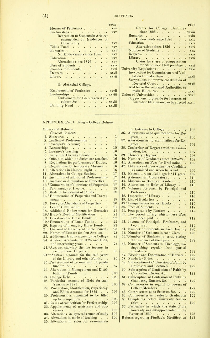 PAGE Houses of Professors xxv Lectureships xxv Instruction to Students in Arts re- commended on Evidences of Christianity xxv Edilis Fund xxv Bursaries xxv No Endowments since 1826 . xxv Education xxv Alterations since 1826 . . . xxv Fees of Students xxvi Number of Students xxvi Degrees xxvii Library xxvii II. Marischal College. Emoluments of Professors . . . xxvii Lectureships xxviii Endowment for Lectures on Agri- culture &c xxviii Building Fund xxviii APPENDIX, Part I. King's College Returns. Orders and Returns. Gene.ral Contents. 1. Sinecures 2. Inefficient Professorships .... 3. Principal's lecturing 4. Lectureships 5. Leciurer's teaching 6. Length of Divinity Session 7. Offices to which no duties are attached 8. Regukitions for performance of Duties. 9. Regulations for temporary Absence . 10. Alterations in Classes taught . 11. Alterations in College Session. 12. Institution of additional Professorships 13. Increase or diminution of Properties . 13. *E numeration of alterations of Properties 14. Permanency of Income 15. Mode of Investment of Funds . 15. *Enumeration of Properties and Invest- ments . . 16. Fues ; or Alienations of Properties 17. Feu of Cainilradlin 18. Additional Endowments for Bursaries 18. *Bruce's Deed of Mortification. . . 19. Investment of Biu'se Funds 19. *Enumeration of Bur.se Funds . 20. Expense of managing Burse Fluids . 21. Disjiosal of Revenue of Hurse Funds, 22. Names of Bursars for four Sessions 2.3. Additional Endowments to the College 24. Abstract Accounts for 1825 and 1835, and intervening years 24.*Account showing the fee income in each of these 11 years .... 24**Abstract accounts for the said years of the Library and other Funds. 25 Full Account of Income and Expendi- ture for 1832 26. Alterations in Management and Distri- bution of Funds 27. College Debt 28. Particular account of Debt for each Year since 1825 29. Procuration, Mortification, Superiority, and Edilis Accounts for 1832 30. Professorsliips appointed to be filled up by competition 31. Cases of competition for Professorships 32. Appointments of Assistants and Suc- cessors 33. Alterations in general course of study 34. Alterations in mode of teaching 35. Alterations in rules for examination PAGE Grants for College Buildings since 1826 xxviii Bursaries xxix Endowments since 1826. . . xxix Education xxix Alterations since 1826 . . . xxix Number of Students xxx Degrees xxxi Library xxxi Claim for share of compensation for Stationers' Hall privilege . xxxi University Regulations xxxi Inexpedient for Commissioners of Visi- tation to make them .... xxxii Suggestions to improve constitution of Rectorial Court xxxii And leave the reformed Authorities to make Rules, &c xxxii Union of Universities xxxii Suggestions to provide for interests of Education till a union can be effected xxxiii of Entrants to College .... I06 36. Alterations as to qualifications for De- 1 grees 106 1 37. Alterations as to examinations for De- 1 grees 107 15 38. Conferring of Degrees without exami- 16 nation, &c 107 16 39. Honorary Degrees 108 16 40. Number of Graduates since 1825-26 . 108 16 41. Alterations on Fees for Graduation . 109 16 42. Dilierence of Fees when the Candidate 16 is examined and when he is not . . 109 17 43. Expenditure on Buildings for 11 years 109 17 44. Astronomical Observatory . . . . 110 17 45. Museum or Botanical Garden . . . 110 17 46. Alterations on Rules of Library . . 110 18 47. Volumes borrowed by Principal and 18 Professors no 48. Inspection of Library HO 18 49. List of Books lost HO 20 49.*Compensation for lost Books . . . HO 21 50. Fees of Students 112 21 51. Fees payable by Bursars .... H2 21 52. Tile period during which these Fees 22 have been paid 112 22 53. Income of Principal, Professors, and 23 Lecturers 112 23 54. Number of Students in each Faculty 120 23 55. Number of Students in each Class . 120 25 55.*Number of Students in Arts, stating the residence of their parents . . 122 25 56. Number of Students ill Theology, dis- tinguishing regular from partial SO attendance 122 57. Election and Examination of Bursars . 122 SO 58. Funds for Prizes 122 59. Subscription of Confesssion of Faith by 87 Professors and Lecturers . . . 122 60. Subscription of Confession of Faith by 100 Chancellor, Rector, &c. ... 122 100 61. Subscription of Confession of Faith by Graduates, Bursars, &c. . . . 122 100 62. Controversies in regard to powers of College Members 122 105 63. Controversies as to Senatus, &c. . . 122 64. Controversies as to rules (or Graduation 122 105 65. Complaints before University Autho- 105 rities 122 66. Particulars in which the state of the 105 University was misapprehended in the 106 Report of 1830 123 106 Returns regarding Findlay's Mortification 123