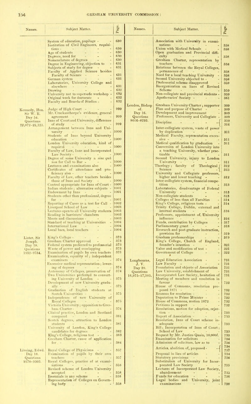 Names Names. Subject Matter. 8° Kennedy, Hon. Sir AV. R. Day 54. Questions 22,072-22,12;!. Lister, Sir Joseph. Day 18. Questions 1952-9734. Liveing, Edivd, Day 18. Questions 9170-9303. System of education, pupilage - Institution of Civil Engineers, requisi- tions - - - - Age of students Degrees, need for Nomenclature of degrees Degree in Engineering, objection to Subjects of study for degree Faculty of Applied Science besides Faculty' of Science - German system ... Laboratories, University College and elsewhere - Drawing - University not to supersede workshop - Original work for doctorate Faculty and Boards of Studies - Judge of High Court - Mr. Crackanthorpc's evidence, general agreement ... - Inns of Court and University, difference of study - - - - Arrangement between Inns and Uni- versity .... Students of Inns beyond University education .... London University education, kind of required .... Faculty of Law, Inns and Incorporated Law Society - - - - Degree of some University a sine qua non for Call to Bar - - - Lectures and examinations also Certificates of attendance and pro- ficiency also - Faculty of Law, other teachers besides those of Inns and Society Control appropriate for Inns of Court - Indian students ; alternative subjects - Endowment by Inns ... Students other than professional,degree for ----- Reporting of Cases as a test for Call - Liverpool School of Law Lectures open to all University students Beading in barristers' chandlers Moots and discussions - Standard of teaching at Universities International Law ... Local bars, local teachers King's College - - - - Gresham Charter approved Federal system preferred to professorial Waste of power and overlapping Examination of pupils by own teachers Examination, equality of ; independent examiners - - Excessive medical representation; lower- ing of degrees - Autonomy of Colleges, preservation of Two Universities preferred to convert- ing University of London Development of new University gradu- ally Graduation of English students at Scotch Universities - Independence of new University of Royal Colleges - Victoria University ; opposition to Gres- ham Charter- - Clinical practice, London and Scotland compared Scotch degrees, attraction to London students - University of London, King's College candidates for degrees King's College, religious test - Gresham Charter, cause of application for - - - Royal College of Physicians - Examination of pupils by their own teachers - - - - Royal Colleges, practice of at exami- nations .... Revised scheme of London University accepted .... Essentials in any scheme Representation of Colleges on Govern- ing body ... 630 630 630 630 630 631 631 631 631 631 632 632 632 632 999 999 999 1000 1000 1000 1000 1000 11 mi > 1000 mini 1000 1001 1001 1001 1002 i oca 1003 1008 1003 HUM 111(14 1004 373 .173 373 373 373 374 374 374 375 375 375 875 376 381 381 382 383 384 857 357 358 358 358 358 London, Bishop of. Day 16. Questions 8016-8293. Longbourne, J. V. Day 39. Questions 16,975-17,103. Association with University in exami- nations .... Union with Medical Schools - Open graduation and Provincial diffi- culty .... Gresham Charter, representation by teachers .... Relations between the Royal Colleges, permanence of Need for a local teaching University - Second University objected to - Professorial scheme disapproved Reorganization on lines of Revised Scheme - Non-collegiate and provincial students - Apothecaries' Society - Gresham University Charter ; supporter Plan and purpose of Charter - Development and improvement Professors, University and Collegiate Discipline ... -{ Inler-collegiate system, waste of power by duplication - Medical Faculty, representation exces- sive - Medical qualification by graduation Conversion of London University into a teaching University, whether prac- ticable - - Second University, injury to London LTuiversity - Theology; faculty of Theological f Science - - - - \ University and Collegiate professors, higher and lower teaching - Inter-collegiate system, financial compe- tition .... Laboratories, disadvantage of Federal University - - - - Non-collegiate students Colleges of less than all Faculties King's College, religious tests - Trinity College, Dublin, external and internal students ... Professors, appointment of, University influence .... Funds, contribution by Colleges Parliamentary giant ... Research and post-graduate instruction, provision for ... Gresham professorships King's College, Church of England, founder's intention - Value and modification of test - Government of College Legal Education Association - Law Faculty - - • Foundation and objects of Association Law I'niversity, establishment of Incorporated Law Society, hesitation of Meeting of members and resolution in favour .... House of Commons, resolution pro- posed 1871 - Reasons for resolution - Deputation to Prime Minister - House of Commons, motion 1872 Petitions in support - Resolutions, motion for adoption, rejec- tion ----- Report of Association - Resolution, Inns of Court scheme in- adequate - - - . Bill ; Incorporation of Inns of Court ; School of Law ... Bequest by Mr. Justice Quain, 10,000/. Examination for solicitors Admission of solicitors, law as to Articles, abolition of, proposed - - -j Proposal in lieu of articles Statutory provisions - - - Substitution of University for Incor- porated Law Society Lectures of Incorporated Law Society, abandonment ... Funds for education - Legal bodies and University, joint examinations - 358 358 358 358 358 358 358 359 359 359 361 309 309 309 309 310 316 31 311 311 311 311 312 313 312 313 313 318 314 314 316 316 317 318 319 319 321 321 322 731 731 73 73 731 732 732 732 732 732 732 733 733 733 733 733 734 734 734 737 734 734 735 735 736 738