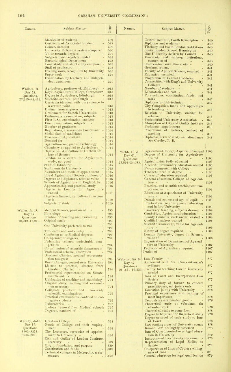 Names. Wallace, R. Day 55. Questions, 22,219-22.11:!. Waller, A. D. Day 42. Questions 18,042-18.210. Watncj, John. Day 17. Questions 8502-8518, 8645-8810. Subject Matter. bo ci Names. Subject Matter. Matriculated students - - 58!) Certificate of Associated Student - 589 Course, duration ... 590 University Extension system compared 590 Value towards degrees - 592 Subjects most largely attended - 593 Bacteriological Department - - 593 Long study and short study compared - 593 Staff of professors ... 593 Evening work, recognition bj University 595 Paper work ... - 595 Examination by teachers and indepen- dent examiners - - - 596 Agriculture, professor of, Edinburgh - 1013 Royal Agricultural College, Cirencester 1013 Degree in Agriculture, Edinburgh - 1013 Scientific degrees, Edinburgh - - 1013 Curricula identical with pure science to a certain point ... 1013 Distinct from engineering - 1013 Ordinances for Scotch Universities - 1013 Preliminary examination, subjects - 1013 First I!.Sc. examination, subjects - 1013 Final examination, subjects - - 1013 Number of graduates - - - 1014 Regulations, Universities Commission - 1014 Social class of candidates - - 1014 Teachers of Agriculture - 1014 Demand for - - - - 1014 Agriculture not part of Technology - 1014 Chemistry as applied to Agriculture '- 1014 Degree in Agriculture at Durham Col- lege of Science - - - 1011 London as a centre for Agricultural study, not good - - 1014 Staff at Edinburgh - - 1015 Study outside University - 1015 Examiners and mode of appointment - 1015 Royal Agricultural Society, diploma of 1016 Degrees and diplomas, relative value - 1016 Schools of Agriculture in England, list 1016 Apprenticeship and practical study - 101G Degree in London for Agriculture wanted - - - - 1017 Degree in Science, agriculture an avenue to it - - - - - 1019 Subjects of study - - 1019 Medical Schools, position of - - 793 Physiology .... 793 Relation of teaching and examining - 793 Original study - - - - 793 One University preferred to two --j Two, confusion and rivalry - - 793 Confusion as to Medical degrees - 794 Cheapening of degrees - - 794 Federation scheme, undesirable com- petition .... 794 Co-ordination of scientific departments 794 Professorial scheme, absorption - 794 Gresham Charter, medical representa- tion too great ... 794 Royal Colleges, control over University 794 License to practise, absence from Gresham Charter - - 794 Professorial representation on Senate, insufficient .... 794 Unification of teaching and examining 794 Original study, teaching and examina- tion necessary ... 794 Collegiate practical and University scientific examinations - - 795 Practical examinations confined to col- legiate students ... 795 Laboratories .... 79/; Biology, removal from Medical Schools 795 Degrees, standard of - - - 797 Gresham College - - 334 Funds of College and their employ- ment .... 334 The Lecturers, surrender of appoint- ment to University - - City and Guilds of London Institute, secretary - 339 Origin, foundation, and purpose - 339 Constitution and funds - - 339 Technical colleges in Metropolis, main- tenance ■» 340 Webb, 11. .1. Day 61. Questions 23,894-24,085. Webster, Sir R Day 47. Questions 19 ,451-19,553 Central Institute, South Kensington - 340 Diplomas and students - - 340 Finsbury and South London Institutions .140 South London School, Kennington - 340 One University desired by Council - 340 University and teaching institutions, connexion of - 340 Co-operation with University - - 340 Gresham scheme - - - 341 Faculty of Applied Science, required - 341 Education, technical - - 341 Programme of Central Institution - 341 Competition with King's and University Colleges - - - - 341 Number of students ... 341 Laboratories and cost - - - 34 i Polytechnics, constitution, funds, aud work - - - - 342 Diplomas by Polytechnics - - 342 City Companies, funds and application to teaching - 343 Relation to University, waiting for scheme .... 343 Professorial University Association - 343 Absorption of City and Guilds Institute 343 Professors, appointment - - 343 Programme of lectures, conduct of teaching .... 343 Diplomas, term of study and attendance 344 See Crosby, T. li. Agricultural (lollege, Aspatria, Principal 1103 Degree of University for Agriculture desired - - - - |1103 Agriculturists badly educated - - 1103 Scientific preliminary education needed 11103 Farms connected with College - - 111 o:f Teachers, need of degree - - 1103 Course of education required - - 1103 General education, College of Agricul- ture - - - - - 1103 Practical and scientific teaching contem- poraneous .... 1103 Education at Aspatria not ot University- rank ----- H03 Duration of course and age of pupils - 1103 Practical course after general education and before University - - 1103 I Diversity teaching, subjects desired - 1104 Cambridge, Agricultural education - 1104 lounty Councils, work under, wasted - 1104 Qualified teachers wanted - - 1104 Scientific knowledge, value for Agricul- ture - - - - - 1105 Nature of degree required - - 1106 London University, degree in Science, value of - - 1106 Organization of Department of Agricul- ture nt University - 1107 Professor of Agriculture required - 1107 Duties of. 1107 Law Faculty - - - - 877 Agreement with Mr. ('rackauthorpe's evidence - 877 Faculty for teaching Law in University needed .... 877 Inns of Court and Incorporated Law Society - - .- - 877 Primary duty of former to educate practitioners, not jurists only - 877 Education jointly with University - 878 Practical experience and training of most importance - - - 878 Compulsory examination good - - 878 Theoretical study do substitute for chamber work ... 878 Theoretical study to come first - - 878 Degree to be given for theoretical study 878 Degree as proof of such study to Inns of Court - - 878 Law reading a part of University course 878 Roman Law, not highly esteemed - 878 Inns of Court, control over legal educa- tion in University - - - 879 Incorporated Law Society the same - 879 Representation of Legal Bodies on Senate - - - - 879 Co-operation of Inns of Courts ; willing- ness of Inns ... - - 879 General education for legal qualification 879