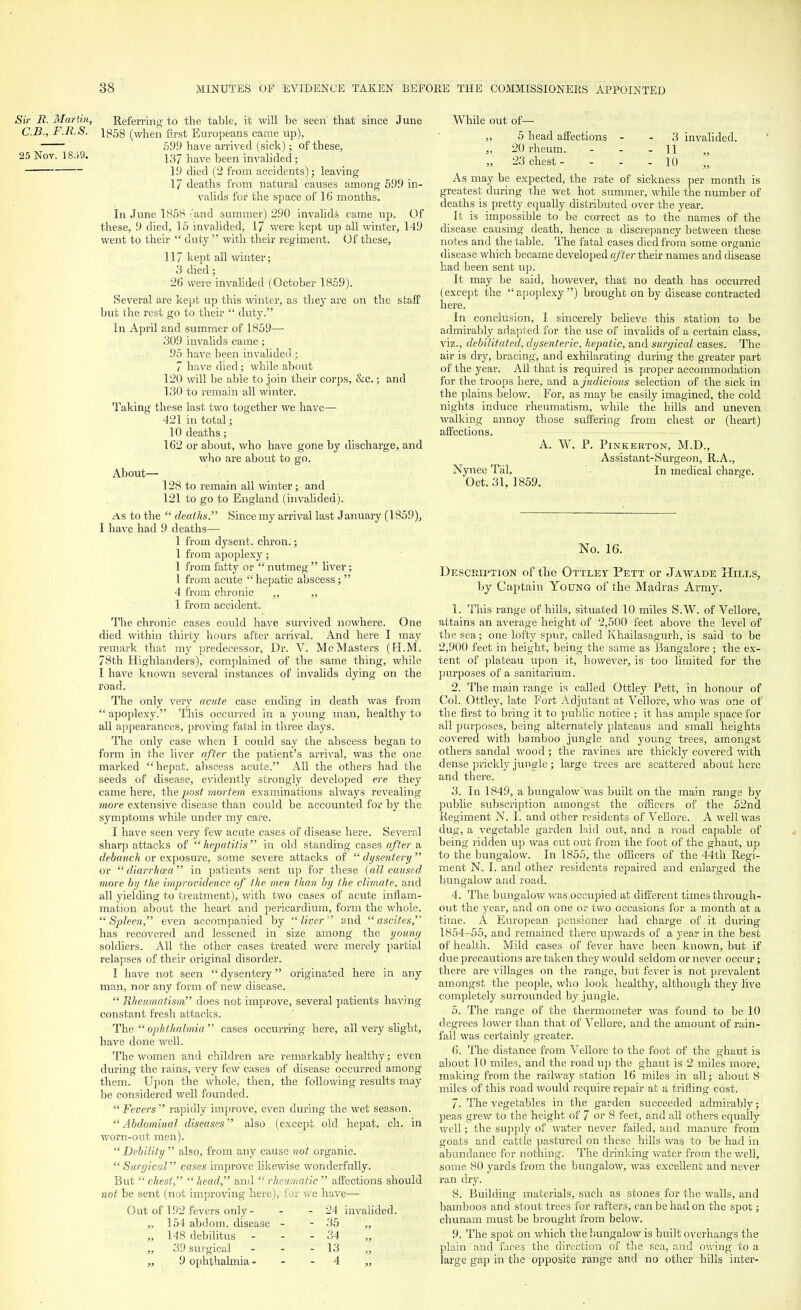 Sir R. Martin, C.B., F.R.S. 25 Nov. 18;>9. Referring to the table, it will be seen' that since June 1858 (when first Europeans came up), 599 have arrived (sick); of these, 137 have been invalided; 19 died (2 from accidents); leaving 17 deaths from natural causes among 599 in- valids for the space of 16 months. In June 1858 (and summer) 290 invalids came up. Of these, 9 died, 15 invalided, 17 were kept up all winter, 149 went to their  duty  with their regiment. Of these, 117 kept all winter-; 3 died; 26 were invalided (October 1859). Several are kept up this winter, as they are on the staff but the rest go to their  duty. In April and summer of 1859— 309 invalids came; 95 have been invalided ; 7 have died; while about 120 will be able to join their corps, &e.; and 130 to remain all winter. Taking these last two together we have— 421 in total; 10 deaths; 162 or about, who have gone by discharge, and who are about to go. About— 128 to remain all winter; and 121 to go to England (invalided). as to the  deaths.'' Since my arrival last January (1859), I have had 9 deaths— 1 from dysent. chron.; 1 from apoplexy; 1 from fatty or  nutmeg  liver; 1 from acute  hepatic abscess;  4 from chronic ,, „ 1 from accident. The chronic cases could have survived nowhere. One died within thirty hours after arrival. And here I may remark that my predecessor, Dr. V. McMasters (H.M. 78th Highlanders), complained of the same thing, while I have known several instances of invalids dying on the road. The only very acute case ending in death was from  apoplexy. This occurred in a young man, healthy to all appearances, proving fatal in three days. The only case when I could say the abscess began to form in the liver after the patient's arrival, was the one marked hepat. abscess acute. All the others had the seeds of disease, evidently strongly developed ere they came here, the post mortem examinations always revealing more extensive disease than could be accounted for by the symptoms while under my care. I have seen very few acute cases of disease here. Several sharp attacks of  hepatitis in old standing cases after a debauch or exposure, some severe attacks of  dysentery or  diarrhoea in patients sent up for these (all caused more by the improvidence of the men than by the climate, and all yielding to treatment), with two cases of acute inflam- mation about the heart and pericardium, form the whole.  Spleen, even accompanied by  liver and  ascites, has recovered and lessened in size among the young soldiers. All the other cases treated were merely partial relapses of their original disorder. I have not seen  dysentery originated here in any man, nor any form of new disease.  Rheumatism does not improve, several patients having constant fresh attacks. The ophthalmia cases occurring here, all very slight, have done well. The women and children are remarkably healthy; even during the rains, very few cases of disease occurred among them. Upon the whole, then, the following results may be considered well founded.  Fevers  rapidly improve, even during the wet season. Abdominal diseases also (except old hepat. ch. in worn-out men). Debility  also, from any cause not organic. Surgical cases improve likewise wonderfully. But  chest,  head, and  rheumatic  affections should not be sent (not improving here), for we have— Out of 192 fevers only- - - 24 invalided. „ 154 abdom. disease - - 35 „ „ 148 debilitus - - - 34 „ 39 surgical - - - 13 „ „ 9 ophthalmia - - - 4 „ While out of— „ 5 head affections 3 invalided. „ 20 rheum. - - - 11 „ 23 chest - - - - 10 „ As may be expected, the rate of sickness per month is greatest during the wet hot summer, while the number of deaths is pretty equally distributed over the year. It is impossible to be correct as to the names of the disease causing death, hence a discrepancy between these notes and the table. The fatal cases died from some organic disease which became developed after their names and disease had been sent up. It may be said, however, that no death has occurred (except the  apoplexy ) brought on by disease contracted here. In conclusion, I sincerely believe this station to be admirably adapted for the use of invalids of a certain class, viz., debilitated, dysenteric, hepatic, and surgical cases. The air is dry, bracing, and exhilarating during the greater part of the year. All that is required is proper accommodation for the troops here, and a judicious selection of the sick in the plains below. For, as may be easily imagined, the cold nights induce rheumatism, while the hills and uneven walking annoy those suffering from chest or (heart) affections. A. W. P. PlNKERTON, M.D., Assistant-Surgeon, R.A., Nynee Tal, In medical charge. Oct. 31. 1859. No. 16. Description of the Ottlet Pett or Jawade Hills, by Captain Young of the Madras Army. 1. This range of hills, situated 10 miles S.W. of Vellore, attains an average height of 2,500 feet above the level of the sea; one lofty spur, called Khailasagurh, is said to be 2,900 feet in height, being the same as Bangalore; the ex- tent of plateau upon it, however, is too limited for the purposes of a sanitarium. 2. The main range is called Ottley Pett, in honour of Col. Ottley, late Fort Adjutant at Vellore, who was one of the first to bring it to public notice ; it has ample space for all purposes, being alternately plateaus and small heights covered with bamboo jungle and young trees, amongst others sandal wood ; the ravines are thickly covered with dense prickly jungle; large trees are scattered about here and there. 3. In 1849, a bungalow was built on the main range by public subscription amongst the officers of the 52nd Regiment N. I. and other residents of Vellore. A well was dug, a vegetable garden laid out, and a road capable of being ridden up was cut out from the foot of the ghaut, up to the bungalow. In 1855, the officers of the 44th Regi- ment N. I. and other residents repaired and enlarged the bungalow and road. 4. The bungalow was occupied at different times through- out the year, and on one or two occasions for a month at a time. A European pensioner had charge of it during 1854-55, and remained there upwards of a year in the best of health. Mild cases of fever have been known, but if due precautions are taken they would seldom or never occur; there are villages on the range, but fever is not prevalent amongst the people, who look healthy, although they live completely surrounded by jungle. 5. The range of the thermometer was found to be 10 degrees lower than that of Vellore, and the amount of rain- fall was certainly greater. 6. The distance from Vellore to the foot of the ghaut is about 10 miles, and the road up the ghaut is 2 miles more, making from the railway station 16 miles in all; about 8 miles of this road would require repair at a trifling cost. 7. The vegetables in the garden succeeded admirably; peas grew to the height of 7 or 8 feet, and all others equally well; the supply of water never failed, and manure from goats and cattle pastured on these hills was to be had in abundance for nothing. The drinking water from the well, some 80 yards from the bungalow, was excellent and never ran dry. 8. Building materials, such as stones for the walls, and bamboos and stout trees for rafters, can be had on the spot; chunam must be brought from below. 9. The spot on which the bungalow is built overhangs the plain: and faces the direction of the sea, and owing to a large gap in the opposite range and no other hills inter-