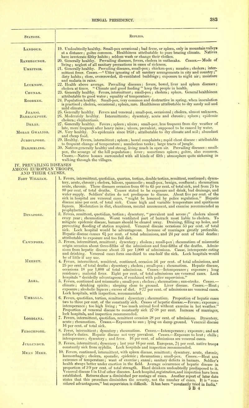 Stations. Replies. Land our. 19. Undoubtedly heal thy. Small-pox occasional; bad fever, or spleen, only in mountain valleys at a distance ; goitre common. Healthiness attributable to pure bracing climate. Natives have inveterate filthy habits ; seldom wash or change their clothes. 20. Generally healthy. Prevailing diseases, fevers, cholera in outbreaks. Causes.— Mode of living; neglect of all sanitary precautions in cases of sickness. 21. Generally healthy. Prevailing diseases, small-pox; chicken-pox; measles ; cholera; inter- mittent fever. Causes.— Utter ignoring of all sanitary arrangements in city and country; dirty habits ; close, overcrowded, ill-ventilated buildings ; exposure to night air; moisture and malaria in rains. 22. Health above average. Prevailing diseases: fevers, bowel, liver and spleen diseases; cholera at times.  Climate and good feeding  keep the people in health. 23. Generally healthy. Fevers, intermittent; small-pox ; cholera; spleen. General healthiness attributable to good water; equality of temperature.- 24. Population healthy. Small-pox, very common and destructive in spring, when inoculation is practised; cholera, occasional; spleen, rare. Healthiness attributable to dry sandy soil and mild climate. 25. Generally healthy. Fevers and venereal; small-pox, occasional; cholera, almost unknown. 26. Moderately healthy. Intermittents; dysentery, acute and chronic; spleen; epidemic cholera; elephantiasis. 27. Generally healthy. Fevers ; spleen ; ulcers; small-pox, less frequent from dry weather of late, more frequent after heavy rains ; ulcers, prevalent, supposed to be caused by water. 28. Very healthy. No epidemics since 1858 ; attributable to dry climate and soil; abundant and cheap food. 29. Healthy. Fevers, intermittent; spleen ; bowel complaints ; rapid chest disease : attributable to frequent change of temperature ; numberless tanks ; large tracts of jungle. 30. Natives generally healthy and strong, living much in open air. Prevailing diseases : small- pox, the scourge of the hill population; fever; sometimes spleen; goitre, also common. Causes.—Native houses surrounded with all kinds of filth ; atmosphere quite sickening in walking through the villages. IV. PREVAILING DISEASES AMONG EUROPEAN TROOPS, AND THEIR CAUSES. Raneegunge. Umritsir. LUCKNOW. Chunar. ROORKEE. JlIANSI. Barrackpore. Delhi, morar gwalior. jubbulpore. Darjeeling. Fort William. Dinapore. Cawnpore. Meerut. Agra. Umballa. Loodiana. Ferozepore. Jullundur. Mean Meer. 1. Fevers, intermittent, quotidian, quartan, tertian, double tertian, remittent, continued; dysen- tery, acute, chronic ; cholera, bilious, spasmodic ; small-pox, benign, confluent; rheumatism acute, chronic. These diseases occasion from 60 to 65 per cent, of total sick, and from 75 to 80 per cent, of total deaths. Causes stated to be exposure and drink, bad drainage, and water supply. Soldiers' duties do not predispose to disease. About five per cent, of the sick in hospital are venereal cases,  might be lessened by police regulation. Hepatic disease nine per cent, of total sick. Cause high and variable temperature and spirituous liquors. Moderation in diet, cleanliness, mental amusement, and exercise recommended as prophylactics. 2. Fevers, remittent, quotidian, tertian ; dysentery,  prevalent and severe ; cholera almost every year; rheumatism. Worst ventilated part of barrack most liable to cholera. To mitigate epidemic disease, bazaars should be cleared away. Draining, filling up holes, and preventing flooding of station required. Venereal disease occasions 53 per cent, of total sick. Lock hospital would be advantageous. Increase of marriages greatly preferable. Hepatic disease causes 6| per cent, of total admissions, and 24 per cent of total deaths: attributable to exposure and too full diet. 3. Fevers, intermittent, remittent; dysentery; cholera; small-pox; rheumatism of miasmatic origin occasion about three-fifths of the admissions and four-fifths of the deaths. Admis- sions from hepatic disease about 35 per 1,000 of admissions. Cause, intemperate eating and drinking. Venereal cases form one-third to one-half the sick. Lock hospitals would be of little if any use. 4. Fevers, intermittent, remittent, continued, occasion 56 per cent, of total admissions, and 25 per cent, of total deaths ; dysentery ; cholera ; small-pox ; rheumatism. Hepatic disease, occasions 18 per 1,000 of total admissions. Causes.—Intemperance; exposure; long residence; malarial fever. Eight per cent, of total admissions are venereal cases. Lock hospitals  decidedly advantageous, if combined with police supervision. 5. Fevers, continued and miasmatic ; small-pox ; cholera; rheumatism; sun-stroke. Causes.— climate; drinking spirits; sleeping close to ground. Liver disease. Causes.—Heat; exposure; alcoholic liquors ; excess of diet. 8'77 per cent, of admissions are venereal cases. Lock hospitals, with inspection, recommended. 6. Fe^ 'ers, quotidian, tertian, remittent; dysentery ; rheumatism. Proportion of hepatic cases two to three per cent, of the constantly sick. Causes of hepatic disease.—Fevers; exposure; intemperance ; too high living ;  too much animal food without exercise in hot weather. Proportion of venereal disease to constantly sick 27*38 per cent. Increase of marriages, lock hospitals, and inspection recommended. 7. Fevers, intermittent, quotidian, remittent occasion 28 per cent, of admissions. Dysentery, acute ; rheumatism. Causes.—Exposure to sun ; lying on damp ground. Venereal disease 16 per cent, of total sick. 8. Fever, intermittent; dysentery; rheumatism. Causes.—Intemperance ; exposure; and not soldier's duties. Hepatic disease not very prevalent. Causes.—Exposure to heat; chills ; intemperance; dysentery; and fever. 16 per cent, of admissions are venereal cases. 9. Fevers, intermittent; dysentery ; last year 16per cent. European, 7i per cent, native troops constantly sick from syphilis. Lock hospitals and inspection recommended. 10. Fevers, continued, intermittent, with spleen disease, remittent; dysentery, acute, chronic, hsemorrhagic; cholera, sporadic, epidemic; rheumatism; small-pox. Causes.—Heat ana extremes of temperature; want of exercise ; ennui; sanitary defects in bazaars. Soldier's health always better under exertion in the field. Average occurrence of hepatic disease in proportion of 3'9 per cent, of total strength. Hard drinkers undoubtedly predisposed to it. Venereal disease 1 in 13 of other diseases. Lock hospital, registration, and inspection have been established. Returns show a diminished per centage of cases. Another report of later date states that this procedure diminishes the severity, not the number of cases. It is  con- sidered advantageous, but supervision is difficult. It has been constantly tried in India.' 3 B 4 c