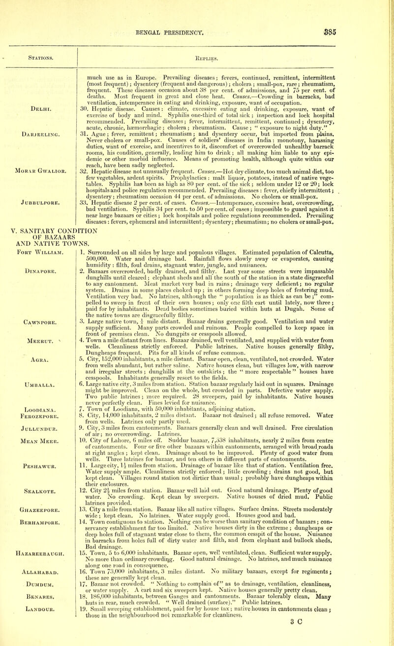 Stations. Replies. Delhi. Da RJ EE LING. MoRAR GWALIOR. J UBBULPORE. much use as in Europe. Prevailing- diseases; fevers, continued, remittent, intermittent (most frequent); dysentery (frequent and dangerous); cholera ; small-pox, rare ; rheumatism, frequent. These diseases occasion about 38 per cent, of admissions, and 75 per cent, of deaths. Most frequent in great and close heat. Causes.—Crowding in barracks, bad ventilation, intemperance in eating and drinking, exposure, want of occupation. 30. Hepatic disease. Causes : climate, excessive eating and drinking, exposure, want of exercise of body and mind. Syphilis one-third of total sick ; inspection and lock hospital recommended. Prevailing diseases; fever, intermittent, remittent, continued; dysentery, acute, chronic, liaBmorrhagic ; cholera; rheumatism. Cause ;  exposure to night duty. 31. Ague; fever, remittent; rheumatism; and dysentery occur, but imported from plains. Never cholera or small-pox. Causes of soldiers' diseases in India: monotony, harassing- duties, want of exercise, and incentives to it, discomfort of overcrowded unhealthy barrack rooms, his condition, generally, leading him to drink; all making him liable to any epi- demic or other morbid influence. Means of promoting health, although quite within our reach, have been sadly neglected. 32. Hepatic disease not unusually frequent. Causes.—Hot dry climate, too much animal diet, too few vegetables, ardent spirits. Prophylactics : malt liquor, potatoes, instead of native vege- tables. Syphilis has been as high as 80 per cent, of the sick; seldom under 12 or 20; lock hospitals and police regulation recommended. Prevailing diseases : fever, chiefly intermittent; dysentery; rheumatism occasion 44 per cent, of admissions. No cholera or small-pox. 33. Hepatic disease 2 per cent, of cases. Causes.—Intemperance, excessive heat, overcrowding', bad ventilation. Syphilis 34 per cent, to 50 per cent, of cases; impossible to guard against it near large bazaars or cities ; lock hospitals and police regulations recommended. Prevailing- diseases : fevers, ephemeral and intermittent; dysentery; rheumatism; no cholera or small-pox. r. SANITARY CONDITION OF BAZAARS AND NATIVE TOWNS. Fort William. DlNAPORE. Cawnpore. Meerut. •■ Agka. Umballa. Loooiana. Ferozepore. JuLLUNDUR. Mean Meer. Peshawur. Sealkote. Ghazeepore. Berhampore. Hazareebaugh. Allahabad. Dumdum. Benares. Landour. 1. Surrounded on all sides by large and populous villages. Estimated population of Calcutta, 500,000. Water and drainage bad. Rainfall flows slowly away or evaporates, causing humidity : filth, foul drains, stagnant water, jungle, and nuisances. 2. Bazaars overcrowded, badly drained, and filthy. Last year some streets were impassable dunghills until cleared; elephant sheds and all the south of the station in a state disgraceful to any cantonment. Meat market very bad in rains; drainage very deficient; no regular system. Drains in some places choked up ; in others forming deep holes of festering mud. Ventilation very bad. No latrines, although the  population is as thick as can be; com- pelled to sweep in front of their own houses; only one filth cart until lately, now three ; paid for by inhabitants. Dead bodies sometimes buried within huts at Dugah. Some of the native towns are disgracefully filthy. 3. Large native town, i mile distant. Bazaar drains generally good. Ventilation and water supply sufficient. Many parts crowded and ruinous. People compelled to keep space in front of premises clean. No dungpits or cesspools allowed. 4. Town a mile distant from lines. Bazaar drained, well ventilated, and supplied with water from wells. Cleanliness strictly enforced. Public latrines. Native houses generally filthy. Dungheaps frequent. Pits for all kinds of refuse common. 5. City, 152,000 inhabitants, a mile distant. Bazaar open, clean, ventilated, not crowded. Water from wells abundant, but rather saline. Native houses clean, but villages low, with narrow and irregular streets; dunghills at the outskirts; the  more respectable  houses have cesspools. Inhabitants generally resort to the fields. 6. Large native city, 3 miles from station. Station bazaar regularly laid out in squares. Drainage might be improved. Clean on the whole, but crowded in parts. Defective water supply. Two public latrines ; more required. 28 sweepers, paid by inhabitants. Native houses never perfectly clean. Fines levied for nuisance. 7. Town of Loodiana, with 50,000 inhabitants, adjoining station. 8. City, 14,000 inhabitants, 2 miles distant. Bazaar not drained ; all refuse removed. Water from wells. Latrines only partly used. 9. City, 3 miles from cantonments. Bazaars generally clean and well drained. Free circulation of air; no overcrowding. Latrines. 10. City of Lahore, (i miles off. Suddur bazaar, 7,338 inhabitants, nearly 2 miles from centre of cantonments. Four or five other bazaars within cantonments, arranged with broad roads at right angles ; kept clean. Drainage about to be improved. Plenty of good water from wells. Three latrines for bazaar, and ten others in different parts of cantonments. 11. Large city, \h miles from station. Drainage of bazaar like that of station. Ventilation free. Water supply ample. Cleanliness strictly enforced; little crowding; drains not good, but kept clean. Villages round station not dirtier than usual; probably have dungheaps within their enclosures. 12. City 2\ miles from station. Bazaar well laid out. Good natural drainage. Plenty of good water. No crowding. Kept clean by sweepers. Native houses of dried mud. Public latrines provided. 13. City a mile from station. Bazaar like all native villages. Surface drains. Streets moderately wide ; kept clean. No latrines. Water supply good. Houses good and bad. 14. Town contiguous to station. Nothing can be worse than sanitary condition of bazaars; con- servancy establishment far too limited. Native houses dirty in the extreme ; dungheaps or deep holes full of stagnant water close to them, the common cesspit of the house. Nuisance in barracks from holes full of dirty water and filth, and from elephant and bullock sheds. Bad drainage. 15. Town, 5 to (5,000 inhabitants. Bazaar open, well ventilated, clean. Sufficient water supply. No more than ordinary crowding. Good natural drainage. No latrines, and much nuisance along one road in consequence. 16. Town 73,000 inhabitants, 3 miles distant. No military bazaars, except for regiments; these are generally kept clean. 17. Bazaar not crowded.  Nothing to complain of as to drainage, ventilation, cleanliness, or water supply. A cart and six sweepers kept. Native houses generally pretty clean. 18. 18(i,000 inhabitants, between Ganges and cantonments. Bazaar tolerably clean, Many- huts in rear, much crowded.  Well drained (surface). Public latrines. 19. Small sweeping establishment, paid for by house tax; native houses in cantonments clean ; those in the neighbourhood not remarkable for cleanliness, 3 C