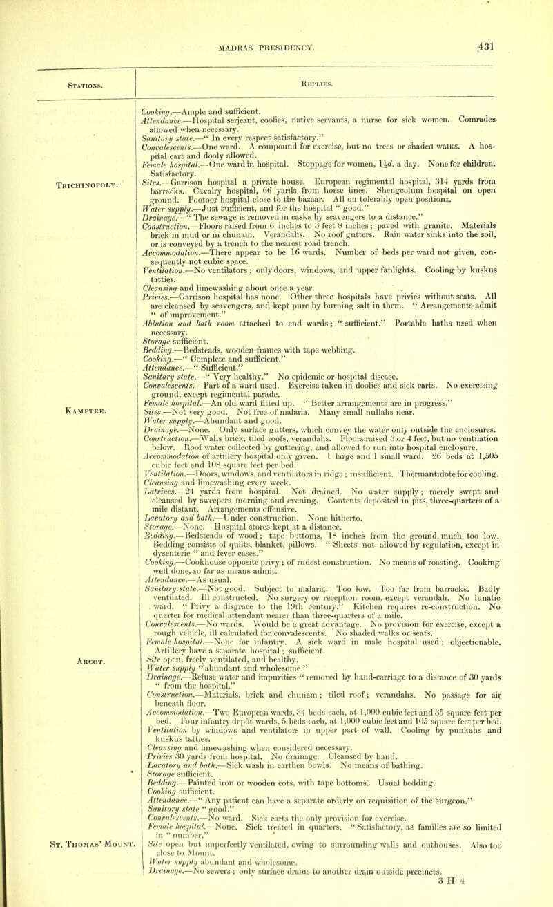 Stations. Trichinopoly. Kamptee. Arcot. St. Thomas' Mount. Replies. Cooking.—Ample and sufficient. Attendance.—Hospital Serjeant, coolies, native servants, a nurse for sick women. Comrades allowed when necessary. Sanitary state.— In every respect satisfactory. Convalescents.—One ward. A compound for exercise, but no trees or sliaded walKS. A hos- pital cart and dooly allowed. Female hospital.-—One ward in hospital. Stoppage for women, \\d. a day. None for children. Satisfactory. Sites.—Garrison hospital a private house. European regimental hospital, 314 yards from barracks. Cavalry hospital, 66' yards from horse lines. Shengcolum hospital on open ground. Pootoor hospital close to the bazaar. All on tolerably open positions. Water supply.—Just sufficient, and for the hospital  good, Drainage.— The sewage is removed in casks by scavengers to a distance. Construction.—Floors raised from 6 inches to 3 feet 8 inches; paved with granite. Materials brick in mud or in chunam. Verandahs. No roof gutters. Rain water sinks into the soil, or is conveyed by a trench to the nearest road trench. Accommodation.—There appear to be 16 wards. Number of beds per ward not given, con- sequently not cubic space. Ventilation.—No ventilators ; only doors, windows, and upper fanlights. Cooling by kuskus tatties. Cleansing and limewashing about once a year. ' . Privies.—Garrison hospital has none. Other three hospitals have privies without seats. All are cleansed by scavengers, and kept pure by burning salt in them.  Arrangements admit  of improvement. Ablution and bath room attached to end wards;  sufficient. Portable baths used when necessary. Storage sufficient. Bedding.—Bedsteads, wooden frames with tape webbing. Cooking.— Complete and sufficient. Attendance.— Sufficient. Sanitary state.— Very healthy. No epidemic or hospital disease. Convalescents.—Part of a ward used. Exercise taken in doolies and sick carts. No exercising ground, except regimental parade. Female hospital.—An old ward fitted up.  Better arrangements are in progress. Sites.—Not very good. Not free of malaria. Many small nullahs near. Water supply.—Abundant and good. Drainage.—None. Only surface gutters, which convey the water only outside the enclosures. Construction.—Walls brick, tiled roofs, verandahs. Floors raised 3 or 4 feet, but no ventilation below. Roof water collected by guttering, and allowed to run into hospital enclosure. Accommodation of artillery hospital only given. 1 large and 1 small ward. 26 beds at 1,505 cubic feet and 108 square feet per bed. Ventilation.—Doors, windows, and ventilators in ridge; insufficient. Thermantidote for cooling. Cleansing and limewashing every week. Latrines.—24 yards from hospital. Not drained. No water supply; merely swept and cleansed by sweepers morning and evening. Contents deposited in pits, three-quarters of a mile distant. Arrangements offensive. Lavatory and bath.—Under construction. None hitherto. Storage.—None. Hospital stores kept at a distance. Bedding.—Bedsteads of wood; tape bottoms, 18 inches from the ground, much too low. Bedding consists of quilts, blanket, pillows.  Sheets not allowed by regulation, except in dysenteric  and fever cases. Cooking.—Cookhouse opposite privy; of rudest construction. No means of roasting. Cooking well done, so far as means admit. Attendance.—As usual. Sanitary state.—Not good. Subject to malaria. Too low. Too far from barracks. Badly ventilated. Ill constructed. No surgery or reception room, except verandah. No lunatic . ward.  Privy a disgrace to the 19th century. Kitchen requires re-construction. No quarter for medical attendant nearer than three-quarters of a mile. Convalescents.—No wards. Would be a great advantage. No provision for exercise, except a rough vehicle, ill calculated for convalescents. No shaded walks or seats. Female hospital.—None for infantry. A sick ward in male hospital used; objectionable. Artillery have a separate hospital; sufficient. Site open, freely ventilated, and healthy. Water supply abundant and wholesome. Drainage.—Refuse water and impurities  removed by hand-carriage to a distance of 30 yards  from the hospital. Construction.—Materials, brick and chunam; tiled roof; verandahs. No passage for air beneath floor. Accommodation.—Two European wards, 34 beds each, at 1,000 cubic feet and 35 square feet per bed. Four infantry depot wards, 5 beds each, at 1,000 cubic feet and 105 square feet per bed. Ventilation by windows and ventilators in upper part of wall. Cooling by punkahs and kuskus tatties. Cleansing and limewashing when considered necessary. Privies 30 yards from hospital. No drainage. Cleansed by hand. Lavatory and bath.—Sick wash in earthen bowls, No means of bathing. Storage sufficient. Bedding.-—Painted iron or wooden cots, with tape bottoms; Usual bedding. Cooking sufficient. Attendance.-— Any patient can have a separate orderly on requisition of the surgeon. Sanitary state  good. Convalescents.—No ward. Sick carts the only provision for exercise. Female hospital.—None. Sick treated in quarters.  Satisfactory, as families are so limited in number. Site open but imperfectly ventilated, owing to surrounding walls and outhouses. Also too close to Mount. Water supply abundant and wholesome. Drainage.—No sewers; only surface drains to another drain outside precincts.