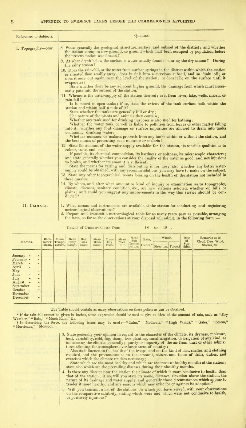 References to Subjects. Queries. I. Topography—cont. II. Climate. 8. State generally the geological structure, surface, and subsoil of the district; and whether the station occupies new ground, or ground which had been occupied by population before the present station was formed ? 9. At what depth below the surface is water usually found:—during the dry season ? During the rainy season ? 10. Does the rain-fall, or the water from surface springs in the district within which the station is situated flow readily away; does it sink into a pervious subsoil, and so drain off; or does it ooze out again near the level of the station; or does it lie on the surface until it evaporates ? State whether there be any adjacent higher ground, the drainage from which must neces- sarily pass into the subsoil of the station. 11. Whence is the water-supply of the station derived; is it from river, lake, wells, marsh, or rain-fall ? Is it stored in open tanks; if so, state the extent of the tank surface both within the station and within half a mile of it ? State whether the tanks are generally full or dry ; The nature of the plants and animals they contain; Whether any tank used for drinking jiurposes is also used for bathing ; Whether the water tank or well is liable to pollution from leaves or other matter falling into it; whether any foul drainage or surface impurities are allowed to drain into tanks containing drinking water; Whether nuisance or malaria proceeds from any tanks within or without the station, and the best means of preventing such nuisance or malaria ? 12. State the amount of the water-supply available for the station, its sensible qualities as to colour, taste, and smell; If possible, its chemical composition, its hardness or softness, its microscopic characters; and state generally whether you consider the quality of the water as good, and not injurious to health, and whether its amount is sufficient; State the means for raising and distributing it for use; also whether any better water- supply could be obtained, with any recommendations you may have to make on the subject, 13. State any other topographical points bearing on the health of the station not included in these queries. 14. By whom, and after what amount or kind of inquiry or examination as to topography, climate, diseases, sanitary condition, &c., are new stations selected, whether on hills or plains; and could you suggest any improvements in the way this service should be con- ducted ? 1. What means and instruments are available at the station for conducting and registering meteorological observations ? 2. Prepare and transmit a meteorological table for as many years past as possible, arranging the facts, so far as the observations at your disposal will admit, in the following form:— Years of Observation from 18 to 18 Months. January - February - March April May June July August September October - November December Baro- meter Mean. Mean Tempe- rature. Mean Daily Raiise. Mean Max- imum. Mean Mini- mum. Mean Dry Bulb. Mean Wet Bulb. Mean Sun Tempe- rature. Rail], Inches. Winds. Direction. Force.t Days of Sun- shine. Remarks as to Cloud, Dew, Wind, Storms, &c. The Table should contain as many observations on these points as can be obtained. * If the rain-fall cannot be given in inches, some expression should be used to give an idea of the amount of rain, such as  Dry Weather,  Rain,  Much Rain, &c. f In describing the force, the following terms may be used :— Cahn,  Moderate,  High Winds,  Gales,  Storm,  Hurricane,  Monsoon. 3. State generally your opinion in regard to the character of the climate, its dryness, moisture, heat, variability, cold, fog, damp, tree planting, canal irrigation, or irrigation of any kind, as influencing the climate generally; purity or impurity of the air from dust or other admix- tures affecting the atmosphere over large areas of country; Also its influence on the health of the troops, and on the kind of diet, shelter, and clothing required, and the precautions as to the amount, nature, and times of drills, duties, and exercises which the climate renders necessary; State which are the most healthy and which are the most unhealthy months at the station; state also which are the prevailing diseases during the unhealthy months. 4. Is there any district near the station the chmate of which is more conducive to health than that of the station; if so, wiU you state its name, distance, elevation above the station, the nature of its drainage and water supply, and generally those circumstances which appear to render it more healthy, and any reasons which may exist for or against its adoption? 5. Will you transmit a hst of the stations on which you have served, with your observations on the comparative salubrity, stating which were and which were not conducive to health, or positively injurious ?