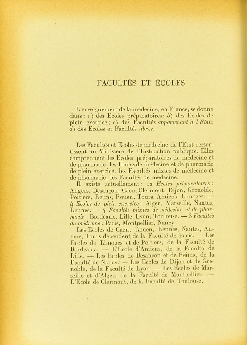 FACULTÉS ET ÉCOLES L'enseignement de la médecine, en France, se donne dans : a) des Ecoles préparatoii-es ; h) des Ecoles de plein exercice ; c) des Facultés appartenant à l'Etat ; d) des Ecoles et Facultés libres. Les Facultés et Ecoles de médecine de l'Etat ressor- tissent au Ministère de l'Instruction publique. Elles comprennent les Ecoles préparatoires de médecine et de pharmacie, les Ecoles de médecine et de pharmacie de plein exercice, les Facultés mixtes de médecine et de pharmacie, les Facultés de médecine. Il existe actuellement: 12 Ecoles préparatoires: Angers, Besançon, Caen, Clermont, Dijon, Grenoble, Poitiers, Reims, Rouen, Tours, Amiens, Limoges. — 4 Ecoles de plein exercice : Alger, Marseille, Nantes, Rennes. — 4 Facultés mixtes de médecine et de phar- macie: Bordeaux, Lille, Lyon, Toulouse. —3 Facultés de médecine: Paris, Montpellier, Nancy. Les Ecoles de Caen, Rouen, Rennes, Nantes, An- gers, Tours dépendent de la Faculté de Paris. — Les Ecoles de Limoges et de Poitiers, de la Faculté de Bordeaux. — L'Ecole d'Amiens, de la Faculté de Lille. — Les Ecoles de Besançon et de Reims, de la Faculté de Nancy. — Les Ecoles de Dijon et de Gre- noble, de la Faculté de Lyon. — Les Écoles de ^Mar- seille et d'Alger, de la Faculté de Montpellier. — L'Ecole de Clermont, de la Faculté de Toulouse.