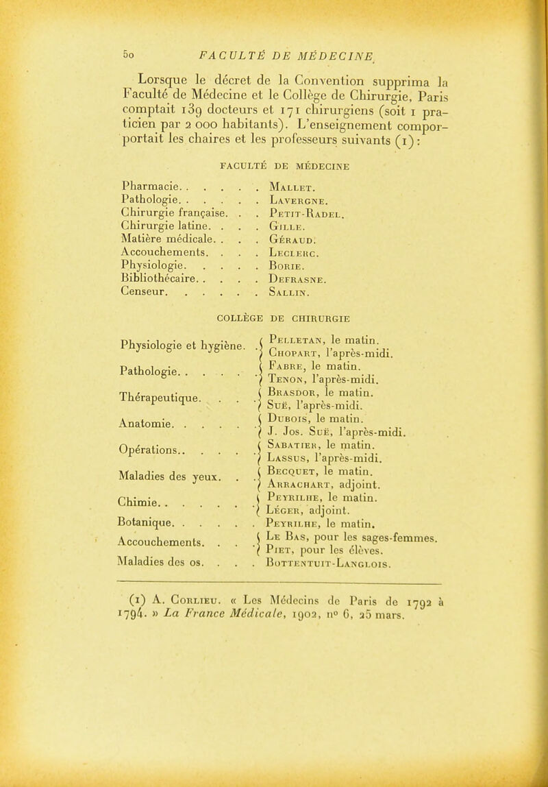 Lorsque le décret de la Convention supprima la Faculté de Médecine et le Collège de Chirurgie, Paris comptait iSg docteurs et 171 chirurgiens (soit i pra- ticien par 2 000 habitants). L'enseignement compor- portait les chaires et les professeurs suivants (i) : FACULTE DE MEDECINE Pharmacie. . Pathologie. . Chirurgie française. Chirurgie latine. Matière médicale Accouchements. Physiologie. Bibliothécaire. . Censeur. Mallet. Lavergne. Petit-Radel. GiLLIÎ. Géraud. Leclehc. Borie. Defrasne. Sallin. COLLEGE DE CmRURGIE Physiologie et hygiène. Pathologie. . Thérapeutique. Anatomie. . Opérations.. Maladies des yeux Chimie. . Botanique. . Accouchements. INIaladies des os. Pelletan, le matin. Chopart, l'après-midi. Fabre, le matin. Tenon, l'après-midi. Bkasdor, le matin. Sue, l'après-midi. Dubois, le malin. J. Jos. SuË, l'après-midi. Sabatiek, le matin. Lassus, l'après-midi. Becquet, le matin. Arrachart, adjoint. Peyrilhe, le malin. Léger, adjoint. Peyrilhe, le matin. Le Bas, pour les sages-femmes. PiET, pour les élèves. BoTTENTun-Langlois. (I) A. Gorlieu. « Les Médecins de Paris de 1792 à 1794. » La Fiance Médicale, 1902, no 6, a5 mars.