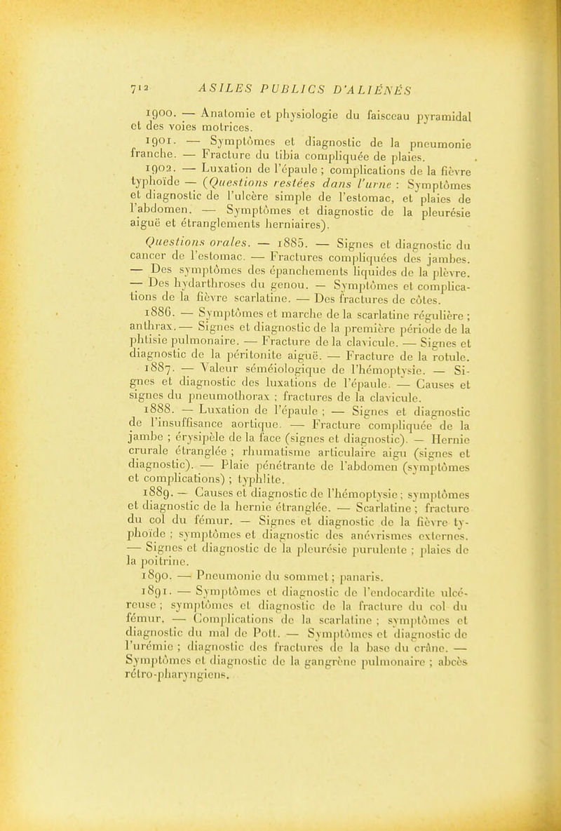 igoo. — Analomie et physiologie du faisceau pyramidal et des voies motrices. 1901. — Symptômes et diagnostic de la pneumonie franclie. — Fracture du tibia compliquée de plaies. IÇ)02. — Luxation de l'épaule ; complications de la fièvre typhoïde — (Questionn restées dans l'urne : Symptômes et diagnostic de l'ulcère simple de l'estomac, et plaies de l'abdomen. — Symptômes et diagnostic de la pleurésie aiguë et étranglements herniaires). Questions orales. — i885. — Signes et diagnostic du cancer do l'estomac. — Fractures compliquées des jambes. — Des symjitômes des épanchemeiits liquides de la ploATe. — Des hydarthroses du genou. — Symptômes et complica- tions de la fièvre scarlatine. — Des fractures de côtes. 1886. — Symptômes et marche de la scarlatine régulière ; anthrax.— Signes et diagnostic de la première période de la phtisie pulmonaire. — Fracture de la clavicule. — Signes et diagnostic de la iséritonite aiguë. — Fracture de la rotule. 1887. — Valeur séméiologique de l'hémoptysie. — Si- gnes et diagnostic des luxations de l'épaule. — Causes et signes du pneumolliorax ; fractures de la clavicule. 1888. — Luxation de l'épaule ; — Signes et diagnostic de l'insuffisance aortique. — Fracture compliquée de la jambe ; érysipèle de la face (signes et diagnostic). — Hernie crurale étranglée ; rhumatisme articulaire aigu (signes et diagnostic). — Plaie pénétrante de l'abdomen (symptômes et complications) ; typhlile. 1889. — Causes cl diagnostic de l'hémoptysie; symptômes et diagnostic de la hernie étranglée. — Scarlatine ; fracture du col du fémur. — Signes et diagnostic de la fièvre ty- phoïde ; symptômes et diagnostic des anévrismcs externes. — Signes et diagnostic de la pleurésie purulonle ; plaies de la poitrine. 1890. — Pneumonie du sommet; jjanaris. 1891. — Symptômes el diagnostic ilc l'endocardite ulcé- reuse ; symptômes cl diagno.slic de la fracture du col du fémur. — Complications de la scarlatine ; symptômes et diagnostic du mal de Poil. — Symptômes cl diagnostic de l'urémie ; diagnostic des fractures de la hase du crAne. — Symptômes el diagnostic de la gangrène pulmonaire ; abcès rélro-pharyngiens.