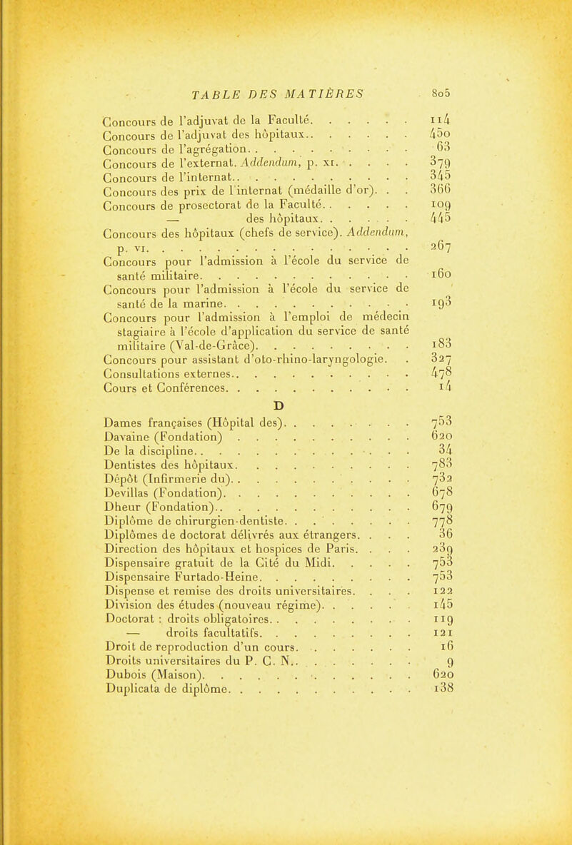 Concours de l'adjuvat de la Faculté ii4 Concours de l'adjuvat des hôpitaux /i5o Concours de l'agrégation. ......... 63 Concours de l'externat. Addenduin, p. xi. . . . . 879 Concours de l'internat 345 Concours des prix de l inlernat (médaille d'or). . . 366 Concours de prosectorat de la Faculté 109 — des hôpitaux !if\5 Concours des hôpitaux (chefs de service). Addendum, p. VI 267 Concours pour l'admission à l'école du service de santé militaire 160 Concours pour l'admission à l'école du service de santé de la marine • igS Concours pour l'admission à l'emploi de médecin stagiaire à l'école d'application du service de santé militaire (Val-de-Gràce) i83 Concours pour assistant d'oto-rhino-laryngologie. . 827 Consultations externes 47^ Cours et Conférences i4 D Dames françaises (Hôpital des) 753 Davaine (Fondation) 620 De la discipline 34 Dentistes des hôpitaux 788 Dépôt (Infirmerie du) 782 Devillas (Fondation) 678 Dheur (Fondation) 679 Diplôme de chirurgien-dentiste. . 778 Diplômes de doctorat délivrés aux étrangers. ... 86 Direction des hôpitaux et hospices de Paris. . . . 289 Dispensaire gratuit de la Cité du Midi 753 Dispensaire Furtado-Heine 768 Dispense et remise des droits universitaires. . . . 122 Division des études (nouveau régime) i45 Doctorat: droits obligatoires 119 — droits facultatifs 121 Droit de reproduction d'un cours. 16 Droits universitaires du P. C. N 9 Dubois (Maison) 620 Duplicata de diplôme i38