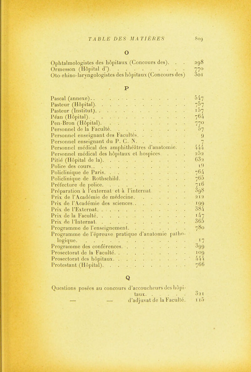 O Ophtalmologistes des hôpitaux (Concours des). . . 298 Ormesson (Hôpital d') 770 Oto-rhino-laryngologistes des hôpitaux (Concours des) 3oi P Pascal (annexe) 5/17 Pasteur (Hôpital) 767 Pasteur (Institut) 167 Péan (Hôpital) 7(34 Pen-Bron (Hôpital) 770 Personnel de la Faculté 67 Personnel enseignant des Facultés 9 Personnel enseignant du P. C. N 7 Personnel médical des amphithéâtres d'anatomie. /j/i/j Personnel médical des hôpitaux et hospices. . . . aSa Pitié (Hôpital de la) 63y Police des cours i^' Policlinique de Paris 76''! Policlinique de Rothschild 7(35 Prélecture de police 716 Préparation à l'externat et à l'internat 3gS Prix de l'Académie de médecine 212 Prix de l'Académie des sciences iQf) Prix de l'Externat 38/i Prix de la Faculté 1/17 Prix de l'Internat 365 Programme de l'enseignement 7^*-' Programme de l'épreuve pratique d'anatomie patho- logique 1 Programme des conférences Sgg Prosectorat de la Faculté 109 Prosectorat des hôpitaux Protestant (Hôpital) 76^ Q Questions posées au concours d'accoucheurs des liôpi- taux Sai — — d'adjuvat de la Faculté. 11.