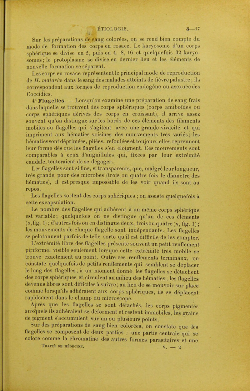 ÉTIOLOGIE. 5—17 Sur les préparations de sang colorées, on se rend bien compte du mode de formation des corps en rosace. Le karyosome d'un corps sphérique se divise en 2, puis en 4, 8, 16 et quelquefois 32 karyo- somes ; le protoplasme se divise en dernier lieu et les éléments de nouvelle formation se séparent. Les corps en rosace représentent le principalmode de reproduction de H. malariœ dans le sang des malades atteints de fièvre palustre ; ils correspondent aux formes de reproduction endogène ou asexuée des Coccidies. 4° Flagelles. — Lorsqu'on examine une préparation de sang frais dans laquelle se trouvent des corps sphériques (corps amiboïdes ou corps sphériques dérivés des corps en croissant), il arrive assez souvent qu'on distingue sur les bords de ces éléments des filaments mobiles ou flagelles qui s'agitent avec une grande vivacité et qui impriment aux hématies voisines des mouvements très variés; les hématies sont déprimées, pliées, refoulées et toujours elles reprennent leur forme dès que les flagelles s'en éloignent. Ces mouvements sont comparables à ceux d'anguillules qui, fixées par leur extrémité caudale, tenteraient de se dégager. Les flagelles sont si fins, si transparents, que, malgré leur longueur, très grande pour des microbes (trois ou quatre fois le diamètre des hématies), il est presque impossible de les voir quand ils sont au repos. Les flagelles sortent des corps sphériques ; on assiste quelquefois à cette excapsulation. Le nombre des flagelles qui adhèrent à un même corps sphérique est variable; quelquefois on ne distingue qu'un de ces éléments (o, fig. 1) ; d'autres fois on en distingue deux, troisou quatre (n, fig. 1) ; les mouvements de chaque flagelle sont indépendants. Les flagelles se pelotonnent parfois de telle sorte qu'il est difficile de les compter. L'extrémité libre des flagelles présente souvent un petit renflement piriforme, visible seulement lorsque cette extrémité très mobile se trouve exactement au point. Outre ces renflements terminaux, çn constate quelquefois de petits renflements qui semblent se déplacer le long des flagelles ; à un moment donné les flagelles se détachent des corps sphériques et circulent au milieu des hématies ; les flagelles devenus libres sont difficiles à suivre ; au lieu de se mouvoir sur place comme lorsqu'ils adhéraient aux corps sphériques, ils se déplacent rapidement dans le champ du microscope. Après que les flagelles se sont détachés, les corps pigmentés auxquels ils adhéraient se déforment et restent immobiles, les grains de pigment s'accumulent sur un ou plusieurs points. Sur des préparations de sang bien colorées, on constate que les flagelles se composent de deux parties : une partie centrale qui se colore comme la chromatine des autres formes parasitaires et une Traité de médecine. v 9