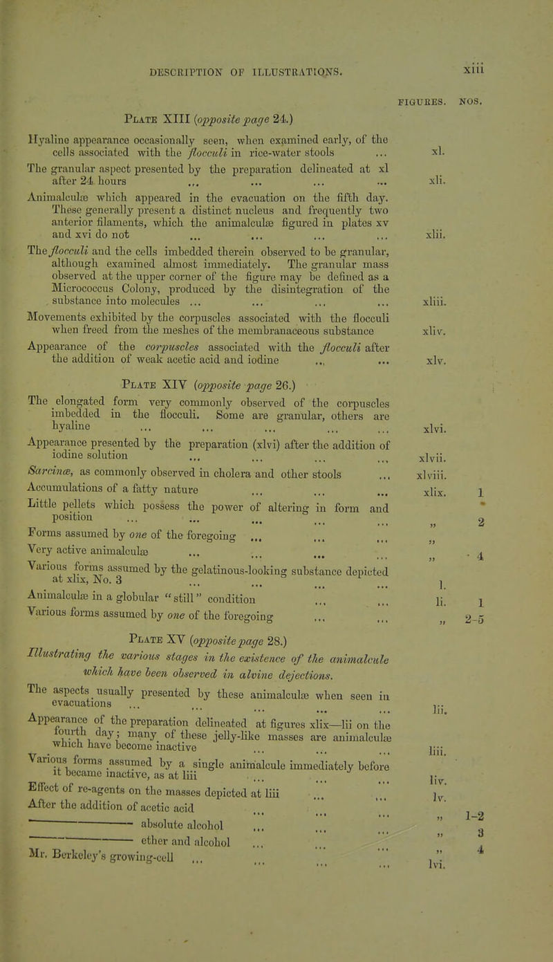 FIGUEES. NOS. Plate XIII {opposite page 2-1.) ir3'alinc appearance occasionally seen, when examined early, of the cells associated with the yZo<;ri!«^» in rice-water stools ... xl. The granular aspect presented by the preparation delineated at xl after 24 hours .,. ... ... ... sli. Animalcidte which appeai'ed in the evacuation on the fifth day. These generall3' present a distinct nucleus and frequently two .anterior filaments, which the animalculiB figured in plates xv and xvi do not ... ... ... ... xlii, TheyiofiouU and the cells imbedded therein observed to be granular, although examined ahnost immediately. The granular mass observed at the upper corner of the figure may be defined as a Micrococcus Colony, produced by the disintegration of the substance into molecules ... ... ... ... xliii. Movements exhibited by the coi-puscles associated with the flocculi when freed from the meshes of the membranaceous substance xliv. Appearance of the corpuscles associated with the Jlocculi after the addition of weak acetic acid and iodine .., ... xlv. Plate XIV {opposite page 26.) The elongated form very commonly observed of the coi-puscles imbedded in the flocculi. Some are granular, others arc ... ... ... ... ... xlvi. Appearance presented by the preparation (xlvi) after the addition of iodine solution ,,. ,.. xlvii. SarcincB, as commonly observed in cholera and other stools ... xlviii. Accumulations of a fatty nature ... ... ... xlix, 1 Little pellets which possess the power of altering in form and position Forms assumed by owe of the foregoing ... Very active animalculaj Various forms assumed by the gelatinous-looking substance depicted at xlix, No. 3 ... ... Animalculaj in a globular  still condition Various forms assumed by one of the forciroino- y Plate XV {opposite page 28.) Illustrating the various stages in the existence of the animalcule which have been observed in alvine dejections. The aspects usually presented by these animalculiB when seen in evacuations ,.. ... ^ Appearance of the preparation delineated at figures xlix—Hi on the tourth day ; many of these jelly-like masses are animalcula; wnich have become inactive ,.. ]i Various forms assumed by a single animalcule immediately before It became mactive, as at liii ... Effect of re-agents on the masses depicted at liii After the addition of acetic acid  - absolute alcohol ~ ■ ether and alcohol Mr. Bei-kcley's growing-cell ,.. '* ' 2 • 4 1. li. 1 -5 liv. Iv. 1-2 3