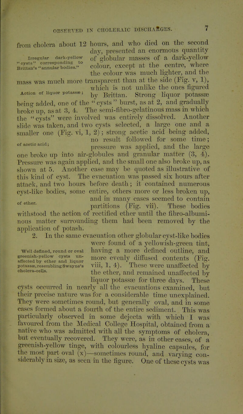 OnSERYEl) IN cnOLEUAlC DISCHARGES. IVom cholera about 12 hours, and who died on the second day, presented an enormous quantity Irregular dark-yellow of'fflobular uiasscs of a dark-ycUow '^s''::^Z:^^s^'' colour, except at the centre, where the colour was much lighter, and the mass was much more transparent than at the side (Fig. v, 1), which is not unlike the ones figured Action of liquor potassee I BiHtiin. Stroug Kquor potasssB being added, one of the cysts bui-st, as at 2, and gradually broke up, as at 3, 4. The semi-fibro-gelatinous mass in which the cysts were involved was entirely dissolved. Another shdc was taken, and two cysts selected, a large one and a smaller one (Fig. vi, 1, 2); strong acetic acid being added, no result followed for some time; of acetic acid; pressm'e was applied, and the large one broke up into au'-globules and granular matter (3, 4). Pressm^e was again applied, and the small one also broke up, as shown at 5. Another case may be quoted as illustrative of this kind of cyst. The evacuation was passed six hours after attack, and two hours before death; it contained numerous cyst-like bodies, some enth'e, others more or less broken up, and in many cases seemed to contain °^ ^* partitions (Fig. vii). These bodies withstood the action of rectified ether until the fibro-albumi- nous matter smTOunding them had been removed by the application of potash. 2. In the same evacuation other globular cyst-Kke bodies were found of a yellowish-green tint, Well defined, round or oval having a more defined outline, and greenish-yellow cysts un- ^^^^.^ gVCUly difPuSCd COUtcuts (Fig. affected by ether and liquor ... . «' \-*--^C5' potassee.resemblingSwayne's Vm, 1, 4). ThcSC WCrC Unaffectcd by cholera-cells. ether, and remained unaffected by liquor potassse for three days. These cysts occurred in nearly all the evacuations examined, but their precise nature was for a considerable time unexplained. They were sometimes round, but generally oval, and in some cases formed about a fourth of the entire sediment. This was particularly observed in some dejecta with which I was favom-ed from the Medical College Hospital, obtained from a native who was admitted with all the symptoms of cholera, but eventually recovered. They were, as in other cases, of a greenish-yellow tinge, with colom*less hyaline capsules, for the most part oval (x)—sometimes round, and varying con- siderably in size, as seen in tlie figure. One of these cysts was