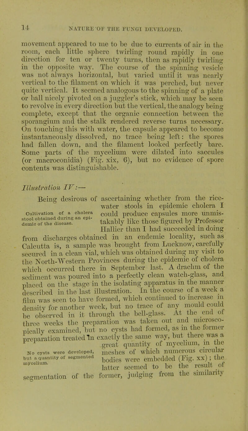 NATURE 01-' THE FUNGI DEVELOPED. inovement appeared to me to be due to currents of air in the room, each little sphere twirling round rapidly in one direction for ten or twenty tm-ns, then as rapidly twirling in the opposite way. The course of the spinning vesicle was not ahvays horizontal, but varied until it was nearly vertical to the filament on wliicli it was perched, but never quite vertical. It seemed analogous to the spinning of a plate or ball nicely pivoted on a juggler's stick, which may be seen to revolve in every dh'ection but the vertical, the analogy being complete, except that the organic connection between the sporangium and the stalk rendered reverse turns necessary. On touching this with water, the capsule appeared to become instantaneously dissolved., no trace being left: the spores had fallen down, and the filament looked perfectly bare. Some parts of the mycelium were dilated into saccules (or macroconidia) (Pig. xix, 6), but no evidence of spore contents was distinguishable. Illustration IV:— Being desirous of ascertaining whether from the rice- water stools in epidemic cholera I Cultivation of a cholera cQuld producc capsulcs morc unmis- t:^^^^f^::^ltakably like those figm^ed by Professor Hallier than I had succeeded in doing from discharges obtained in an endemic locality, such as Calcutta is, a sample was brought from Lucknow, carefully secured in a clean vial, which was obtained dm-mg my visit to the North-Western Provinces during the epidemic of cholera Avhich occurred there in September last. A drachm of the sediment was pom-ed into a perfectly clean watch-glass, and placed on the stage in the isolating apparatus in the manner described in the last illustration. In the course of a week a film was seen to have formed, which continued to mcrease m density for another week, but no trace of any mould could be observed in it through the beU-glass. At the end of three weeks the preparation was taken out and microsco- pically examined, but no cysts had formed, as m the former preparation treated In exactly the same way, but there was a ^ ^ great quantity of mycehiun, m the No cysts were developed, meslics of which nunicrous circular but a quantity of segmented ^^^.^^ ^^^^^ embedded (Fig. xx); the latter seemed to be the result of segmentation of the former, judging from the snnilarity