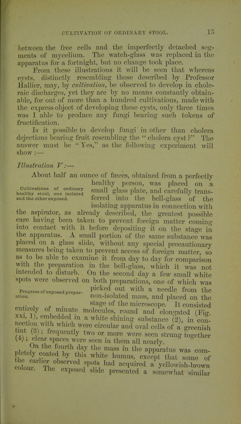 CULTIVATION OF ORDINARY STOOL. 15 between the free cells and the imperfectly detached set?- ments of mycelium. The watch-glass was replaced in the apparatus for a fortnight, bnt no change took place. Prom these illustrations it will be seen that whereas cysts, distinctly resembling those described by Professor Hallier, may, by cultwation, be observed to develop in chole- raic discharges, yet they are by no means constantly obtain- able, for out of more than a hundred cultivations, made with the express object of developing these cysts, only three times was I able to produce any fungi bearing such tokens of fructification. Is it possible to develoj) fungi in other than cholera dejections bearing fruit resembling the  cholera cyst ? The answer must be Yes, as the following experiment mil show :— Illustration V:— About half an ounce of faeces, obtained from a perfectly healthy person, was placed on a .faurrol oleTsoS ^]^^^ pl^^c, and carefuUy trans- and tke other exposed. lerrcd mto the bcll-glass of the isolating apparatus in connection with the aspirator, as ah^eady described, the greatest possible care having been taken to prevent foreign matter coming mto contact with it before depositing it on the stage in the apparatus. A small portion of the same substance was placed on a glass slide, without any special precautionary measm-es being taken to prevent access of foreign matter, so as to be able to examine it from day to day for comparison with the preparation in the bell-glass, which it was not mtended to disturb. On the second day a few small white spots were observed on both preparations, one of which was Progress Of exposedprepar- Pi^ted out with a needle from the ation. non-isolated mass, and placed on the . p . ^ ^^^^ microscope. It consisted entiiely of minute molecules, round and elongated (Pi^ xxi l), embedded m a white shining substance (2), in con- nection with which were cii'cular and oval ceUs of a greenish tint (3); frequently two or more were seen strung together (4); clear spaces were seen in them all nearly. r^lpfoW ! ^^^^ apparatus was com- p etely coated by this white himius, excq^t that some ^f ^l^Z^ZT^ . ^^^^ '^^^^^^^'^^ - yellowish-brown colom. The exposed slide presented a somewhat similar
