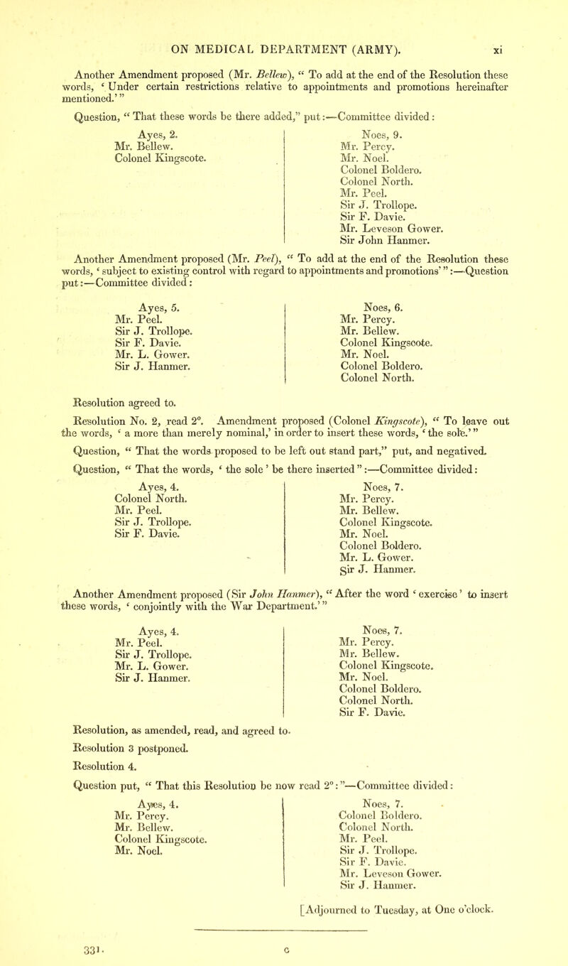 Another Amendment proposed (Mr. Bellew),  To add at the end of the Resolution these words, ' Under certain restrictions relative to appointments and promotions hereinafter mentioned.' Question, That these words be there added, put:—Committee divided: Ayes, 2. Mr. Bellew. Colonel Kingscote. Noes, 9. Mr. Percv. Mr. Noel Colonel Boldero. Colonel North. Mr. Peel. Sir J. Trollope. Sir F. Davie. Mr. Leveson Gower. Sir John Hanmer. Another Amendment proposed (Mr. Peel),  To add at the end of the Resolution these words, ' subject to existing control with regard to appointments and promotions':—Question put:—Committee divided: Ayes, 5. Mr. Peel. Sir J. Trollope. Sir F. Davie. Mr. L. Gower. Sir J. Hanmer. Noes, 6. Mr. Percy. Mr. Bellew. Colonel Kingsoote. Mr. Noel. Colonel Boldero. Colonel North. Resolution agreed to. Resolution No. 2, read 2°. Amendment proposed (Colonel Kingscote),  To leave out the words, ' a more than merely nominal,' in order to insert these words, ' the sole.' Question,  That the words- proposed to be left out stand part, put, and negatived. Question,  That the words, * the sole ' be there inserted  :—Committee divided: Noes, 7. Ayes, 4. Colonel North. Mr. Peel. Sir J. Trollope. Sir F. Davie. Mr. Percy. Mr. Bellew. Colonel Kingscote. Mr. Noel. Colonel Boldero. Mr. L. Gower. gir J. Hanmer. Another Amendment proposed (Sir John Hanmer),  After the word ' exercise' to insert these words, £ conjointly with the War Department.' Ayes, 4. Mr. Peel. Sir J. Trollope. Mr. L. Gower. Sir J. Hanmer. Noes, 7. Mr. Percy. Mr. Bellew. Colonel Kingscote. Mr. Noel. Colonel Boldero. Colonel North. Sir F. Davie. Resolution, as amended, read, and agreed to- Resolution 3 postponed. Resolution 4. Question put,  That this Resolution be now read 2°:—Committee divided: Ayes, 4. Noes, 7. Mr. Percy. Colonel Boldero. Mr. Bellew. Colonel North. Colonel Kingscote. Mr. Peel. Mr. Noel. Sir J. Trollope. Sir F. Davie. Mr. Leveson Gower. Sir J. Hanmer. [Adjourned to Tuesday, at One o'clock. 33]