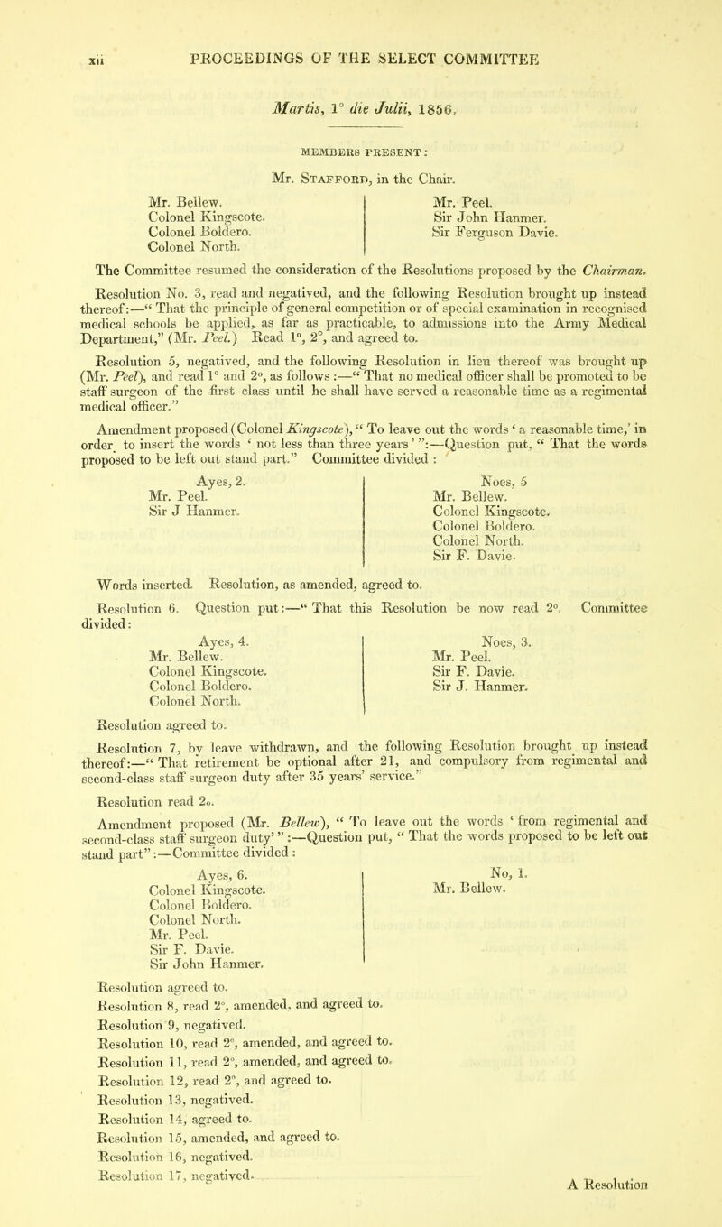 Mar lis, 1° die Julii, 1856, MEMBER8 PRESENT : Mr. Stafford, in the Chair. Mr. Bellew. Colonel Kingscote- Colonel Boldero. Colonel North. Mr. Peel. Sir John Hanmer. Sir Ferguson Davie, The Committee resumed the consideration of the Resolutions proposed by the Chairman, Resolution No. 3, read and negatived, and the following Resolution brought up instead thereof:— That the principle of general competition or of special examination in recognised medical schools be applied, as far as practicable, to admissions into the Army Medical Department, (Mr. Peel.) Read 1°, 2°, and agreed to. Resolution 5, negatived, and the following Resolution in lieu thereof was brought up (Mr. Peel), and read 1° and 2°, as follows :— That no medical officer shall be promoted to be staff surgeon of the first class until he shall have served a reasonable time as a regimental medical officer. Amendment proposed (Colonel Kingscote), To leave out the words ' a reasonable time,' in order, to insert the words ' not less than three years' :—Question put,  That the words proposed to be left out stand part. Committee divided ; Ayes, 2. Noes, 5 Mr. Peel. Mr. Bellew. Sir J Hanmer. Colonel Kingscote. Colonel Boldero. Colonel North. Sir F. Davie. Words inserted. Resolution, as amended, agreed to. Resolution 6. Question put:— That this Resolution be now read 2°. Committer divided: Noes, 3. Mr. Peel. Sir F. Davie. Sir J. Hanmer. No, L Mr. Bellew, Ayes, 4. Mr. Bellew. Colonel Kingscote. Colonel Boldero. Colonel North, Resolution agreed to. Resolution 7, by leave withdrawn, and the following Resolution brought up instead thereof:— That retirement be optional after 21, and compulsory from regimental and second-class staff surgeon duty after 35 years' service. Resolution read 2o. Amendment proposed (Mr. Bellew),  To leave out the words ' from regimental and second-class staff surgeon duty' :—Question put,  That the words proposed to be left out stand part:—Committee divided : Ayes, 6. Colonel Kingscote. Colonel Boldero. Colonel North. Mr. Peel. Sir F. Davie. Sir John Hanmer. Resolution agreed to. Resolution 8, read 2°, amended, and agreed to. Resolution 9, negatived. Resolution 10, read 2, amended, and agreed to. Resolution 11, read 2°, amended, and agreed to. Resolution 12, read 2°, and agreed to. Resolution 13, negatived. Resolution 14, agreed to. Resolution 15, amended, and agreed to. Resolution 16, negatived. Resolution 17, negatived- « , . A Resolution