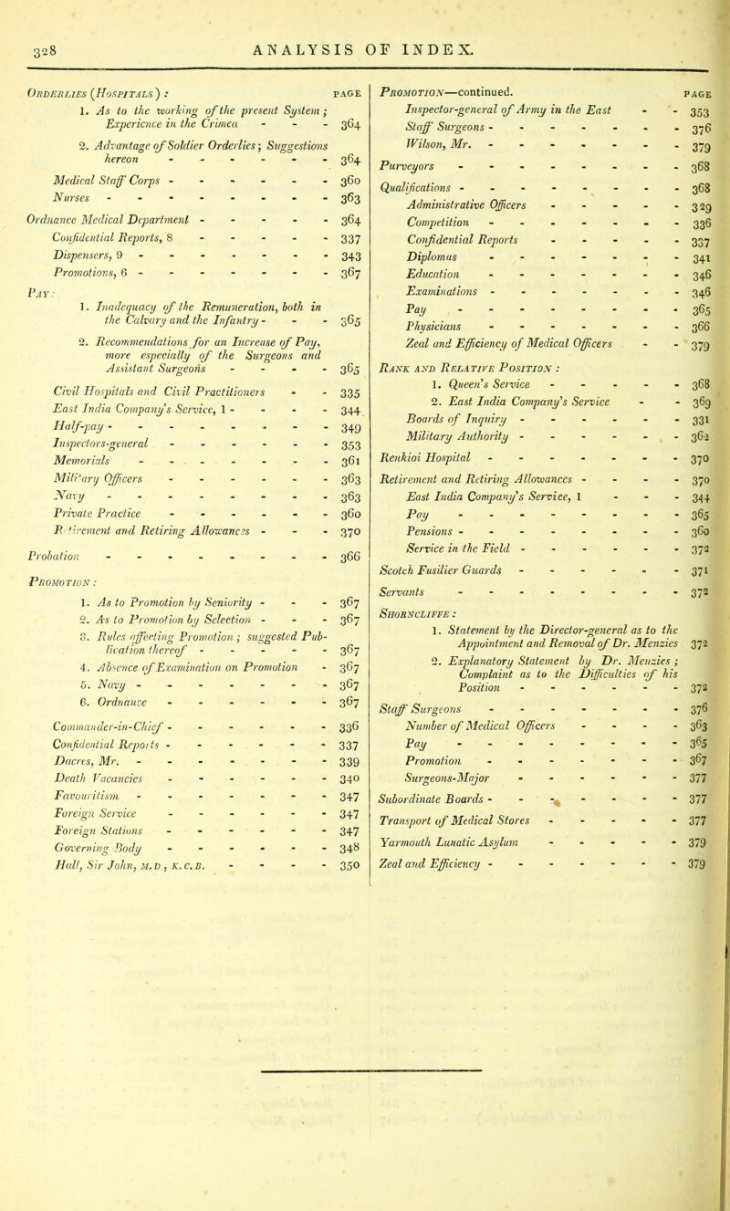 Orderlies (Hospitals ) .• page 1. As to the working of the present System; Experience in the Crimea - 364 2. Advantage of Soldier Orderlies; Suggestions hereon ------ 364 Medical Staff Corps 360 Nurses - -- -- -- - 363 Ordnance Medical Department ----- 364 Confidential Reports, 8 337 Dispensers, 9------ - 343 Promotions, 6------ - 367 Pay: 1. Inadequacy of the Remuneration, both in the Calvary and the Infantry - - - 365 2. Recommendations for an Increase of Pay, more especially of the Surgeons and Assistant Surgeons .... 365 Civil Hospitals and Civil Practitioners - - 335 East India Company's Service, 1 - - - - 344 Half-pay - - - - - - - - 349 Inspectors-general ------ 353 Memorials - - - - - - - - 361 Mili'ari/ Officers ------ 363 Navy - - 363 Private Practice ------ 360 R tirement and Retiring Alloxvancss - - - 370 Probation - -- -- -- - 366 Promotion : 1. As to Promotion by Seniority - - - 367 2. As to Promotion by Selection - - - 367 3. Rules affecting Promotion ; suggested Pub- lication thereof ----- 367 4. Absence of Examination on Promotion - 367 5. Navy - - - - - - 367 6. Ordnance ------ 3G7 Commander-in-Chief ------ 336 Confidential Repoits ------ 337 Dacres, Mr. 339 Death Vacancies ------ 340 Favouritism ------- 347 Foreign Service ------ 347 Foreign Stations ------ 347 Governing Body ------ 348 Hall, Sir John, m.d , K.c.B. - - - - 350 Promotion—continued. page Inspector-general of Army in the East - - 353 Staff Surgeons ------- 37(5 Wilson, Mr. ....... 370 Purveyors - -- -- -- - 368 Qualifications ------- - 368 Administrative Officers - - - - - 329 Competition ------- 336 Confidential Reports ----- 337 Diplomas ------- 341 Education ....... 34.6 Examinations ------- 34.5 •Pay , 365 Physicians ....... 366 Zeal and Efficiency of Medical Officers - - 379 iZ^XA: axd Relative Position : 1. Queen's Service ----- 368 2. iJarf Tncfca Company's Service - - 369 Boards of Inquiry ------ 331 Military Authority - - • - - - 362 Renkioi Hospital ------- 370 Retirement and Retiring Allowances - - - - 370 East India Company's Service, 1 ... 344, Pay 36a Pensions ------- - 360 Service in the Field ------ 372 Scotch Fusilier Guards - - - - - - 371 Servants ........ 372 Shorncliffe : 1. Statement by the Director-general as to the Appointment and Removal of Dr. Menzies 372 2. Explanatory Statement by Dr. Menzies ; Complaint as to the Difficulties of his Position - - - - - - 372 Staff Surgeoyis ------- 376 Number of Medical Officers - - - - 363 Pay - 36$ Promotion ------- 367 Surgeons-Major ...... 377 Subordinate Boards - - -----  377 Transport of Medical Stores 377 Yarmouth Lunatic Asylum - - - - - 379 Zeal and Efficiency ------- 379