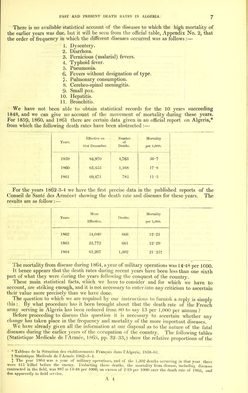 There is no available statistical account of the diseases to which the high mortality of the earlier years was due, but it will be seen from the official table, Appendix No. 2, that the order of frequency in which the different diseases occurred was as follows :— 1. Dysentery. 2. Diarrhoea. 3. Pernicious (malarial) fevers. 4. Typhoid fever. 5. Pneumonia. 6. Fevers without designation of type. 7. Pulmonary consumption. 8. Cerebro-spinal meningitis. 9. Small pox. 10. Hepatitis. 11. Bronchitis. We have not been able to obtain statistical records for the 10 years succeeding 1848, and we can give no account of the movement of mortality during these years. For 1859, I860, and 1861 there are certain data given in an official report on Algeria,* from which the following death rates have been abstracted :— Years, Effective on 31st December. ■ Number of Deaths. Mortality per 1,000. 1859 83,970 4,763 56-7 1860 65,455 1,168 17'8 1861 69,471 785 11-3 For the years 1862-3-4 we have the first precise data in the published reports of the Conseil de Sante des Armeesf showing the death rate and diseases for these years. The results are as follow:— Years. Mean Effective. Deaths, Mortality per 1,000. 1862 54,040 666 12-21 1863 53,772 661 12-29 1864 61,267 1,302 21-25t The mortality from disease during 1864, ayear of military operations was 14*48 per 1000. It hence appears that the death rates during recent years have been less than one sixth part of what they were during the years following the conquest of the country. These main statistical facts, which we have to consider and for which we have to account, are striking enough, audit is not necessary to enter into any criticism to ascertain their value more precisely than we have done. The question to which we are required by our instructions to furnish a reply is simply this : By what procedure has it been brought about that the death rate of the French army serving in Algeria has been reduced from 80 to say 13 per 1,000 per annum ? Before proceeding to discuss this question it is necessary to ascertain whether any change has taken place in the frequency and mortality of the more important diseases. We have already given all the information at our disposal as to the nature of the fatal diseases during the earlier years of the occupation of the country. The following tables (Statistique Medicale de l'Armee, 1863, pp. 32-33,) show the relative proportions of the * Tableau de la Situation des etablissements Francais dans l'Algerie, 1858-61. f Statistique Medicale de l'Armee 1862-3-4. I The year 1864 was a year of military operations, and of the 1,302 deaths occurring in that year there were 415 killed before the enemy. Deducting these deaths, the mortality from disease, including diseases contracted in the field, was 887= 14-48 per 1000, an excess of 2-19 per 1000 over the death rate of 1863, and due apparently to field service. A 4