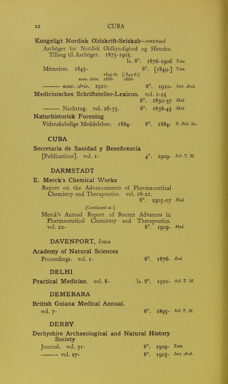 Kongeligt Nordisk Oldskrift-Selskab—««/i««ir(/ Aarboger for Nordisk Oldkyndighed og Histoire. Tillaeg til Aarboger. 1875-1905. la. 8°. 1876-1906 'Tate. M^moires. 1845- 8°. [1849-] ^au. 1845-60 [1849-61] nouv. serU. 1866- i866- nouv. serie. 1910- 8°, 1910- Inst. Arch. Medicinisches Schriftsteller-Lexicon. vol. 1-25 8°. 1830-37 Mid. Nachtrag. vol. 26-33. 8°. 1838-45 Med. Naturhistorisk Forening Videnskabelige Meddelelser. 1884- 8°. 1884- Z- Biol. Soc. CUBA Secretaria de Sanidad y Beneficencia [Publications], vol. I- 4°. 1909- Scb. T. M. DARMSTADT E. Merck's Chemical Works Report on the Advancements of Pharmaceutical Chemistry and Therapeutics, vol. 18-21. 8°. 1905-07 Med. [Continued as:] Merck's Annual Report of Recent Advances in Pharmaceutical Chemistry and Therapeutics, vol. 22- 8°. 1909- Med. DAVENPORT, Iowa Academy of Natural Sciences Proceedings, vol. I- 8°. 1876- Zool. DELHI Practical Medicine, vol.8- la. 8°. 1910- scLt.m. DEMERARA British Guiana Medical Annual. vol. 7- 8°. 1895- Scb.T.M. DERBY Derbyshire Archaeological and Natural History Society Journal, vol. 31- 8°. 1909- ra<«. vol. 27- 8°. 1905- i»^t- ^b.