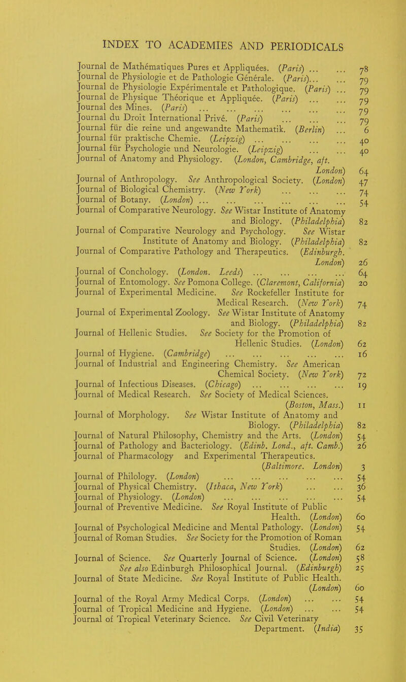 Journal de Mathematiques Pures et Appliquees. {Paris) 78 Journal dc Physiologic et de Pathologie Generale. {Paris) 79 Journal de Physiologic Experimentale et Pathologique. {Paris) ... 79 Journal de Physique Theorique et Appliquee. {Paris) 79 Journal des Mines. {Paris) y9 Journal du Droit International Prive. {Paris) 79 Journal fiir die reine und angcwandte Mathematik. {Berlin) ... 6 Journal fur praktische Chcmie. {Leipzig) Journal fiir Psychologic und Neurologic. {Leipzig) Journal of Anatomy and Physiology. {London, Cambridge, aft. Londojt) 64 Journal of Anthropology. See Anthropological Society. {London) 47 Journal of Biological Chemistry. {Nezv Tork) 74 Journal of Botany. {London) 54 Journal of Comparative Neurology. See Wistar Institute of Anatomy and Biology. {Philadelphia) 82 Journal of Comparative Neurology and Psychology. See Wistar Institute of Anatomy and Biology. {Philadelphia) 82 Journal of Comparative Pathology and Therapeutics. {Edinburgh. London) 26 Journal of Conchology. {London. Leeds) 64 Journal of Entomology. See Pomona College. {Claremont, California) 20 Journal of Experimental Medicine. See Rockefeller Institute for Medical Research. {New Tork) 74 Journal of Experimental Zoology. See Wistar Institute of Anatomy and Biology. {Philadelphia) 82 Journal of Hellenic Studies. See Society for the Promotion of Hellenic Studies. {London) 62 Journal of Hygiene. {Cambridge) 16 Journal of Industrial and Engineering Chemistry. See American Chemical Society. {New York) 72 Journal of Infectious Diseases. {Chicago) 19 Journal of Medical Research. See Society of Medical Sciences. {Boston, Mass.) 11 Journal of Morphology. See Wistar Institute of Anatomy and Biology. {Philadelphia) 82 Journal of Natural Philosophy, Chemistry and the Arts. {London) 54 Journal of Pathology and Bacteriology. {Edinb. Lond., aft. Camb.) 26 Journal of Pharmacology and Experimental Therapeutics. {Baltimore. London) 3 Journal of Philology. {London) 54 Journal of Physical Chemistry. {Ithaca, New Tork) 36 Journal of Physiology. {London) 54 Journal of Preventive Medicine. See Royal Institute of Public Health. {London) 60 Journal of Psychological Medicine and Mental Pathology. {London) 54 Journal of Roman Studies. See Society for the Promotion of Roman Studies. {London) 62 Journal of Science. See Quarterly Journal of Science. {London) 58 See also Edinburgh Philosophical Journal. {Edinburgh) 25 Journal of State Medicine. See Royal Institute of Public Health. {London) 60 Journal of the Royal Army Medical Corps. {London) 54 Journal of Tropical Medicine and Hygiene. {London) 54 Journal of Tropical Veterinary Science. See Civil Veterinary Department. {India) 35