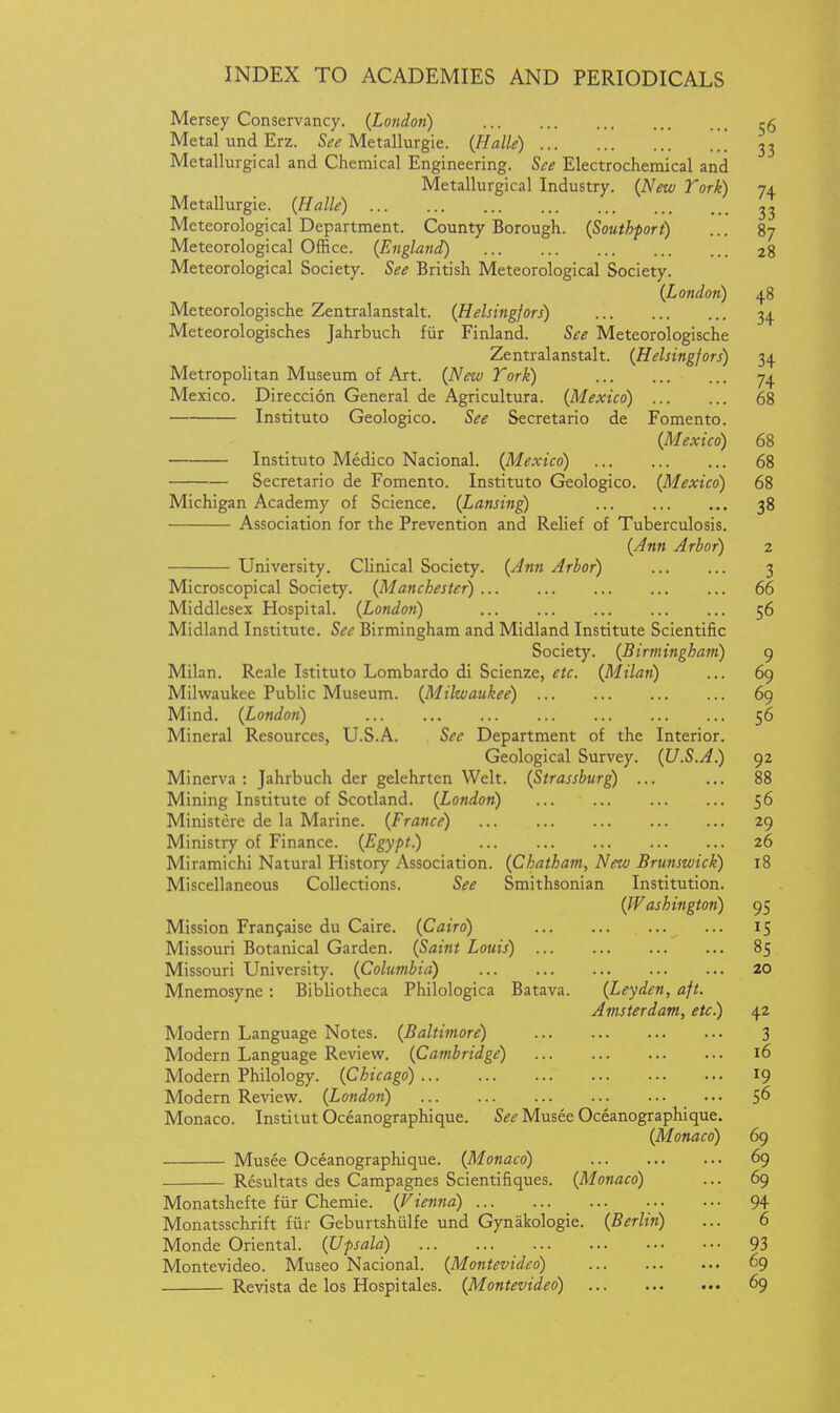 Mersey Conservancy. {Londo7i) eg Metal iind Erz. S^^ Metallurgie. {Halle) '.. . . [ 33 Metallurgical and Chemical Engineering. See Electrochemical and Metallurgical Industry. {New Tork) -ja Metallurgie. {Halle) 33 Meteorological Department. County Borough. {Southport) ... 87 Meteorological Office. {England) 28 Meteorological Society. See British Meteorological Society. {London) 48 Meteorologische Zentralanstalt. {Helsingfors) 34 Meteorologisches Jahrbuch fiir Finland. See Meteorologische Zentralanstalt. {Helsingfors) 34 Metropolitan Museum of Art. {New Tork) 74 Mexico. Direccion General de Agricultura. {Mexico) 68 Instituto Geologico. See Secretario de Fomento. {Mexico) 68 Instituto Medico Nacional. {Mexico) 68 Secretario de Fomento. Instituto Geologico. {Mexico) 68 Michigan Academy of Science. {Lansing) 38 Association for the Prevention and Relief of Tuberculosis. {Ann Arbor) 2 University. Clinical Society. {Aim Arbor) 3 Microscopical Society. {Manchester) 66 Middlesex Hospital. {London) 56 Midland Institute. See Birmingham and Midland Institute Scientific Society. {Birmingham) 9 Milan. Reale Istituto Lombardo di Scienze, etc. {Milan) ... 69 Milwaukee Public Museum. {Milwaukee) 69 Mind. {London) 56 Mineral Resources, U.S.A. See Department of the Interior. Geological Survey. {U.S.A.) 92 Minerva: Jahrbuch der gelehrtcn Welt. {Strassburg) ... ... 88 Mining Institute of Scotland. {London) 56 Ministcrc de la Marine. {France) 29 Ministry of Finance. {Egypt.) 26 Miramichi Natural History Association. {Chatham, New Brunswick) 18 Miscellaneous Collections. See Smithsonian Institution. {Washington) 95 Mission Franfaise du Caire. {Cairo) 15 Missouri Botanical Garden. {Saint Louis) 85 Missouri University. {Columbia) 20 Mnemosyne: Bibliotheca Philologica Batava. {Leyden, aft. Amsterdam, etc.) 42 Modern Language Notes. {Baltimore) 3 Modern Language Reviews. {Cambridge) 16 Modern Philology. {Chicago) 19 Modern Review. {London) 5^ Monaco. Institut Oceanographique. See Musee Oceanographique. {Monaco) 69 Musee Oceanographique. {Monaco) 69 Resultats des Campagnes Scientifiques. {Monaco) ... 69 Monatshefte fiir Chemie. {Vienna) • 94 Monatsschrift fiir Geburtshiilfe und Gynakologie. {Berlin) ... 6 Monde Oriental. {Upsala) 93 Montevideo. Museo Nacional. {Montevideo) 69 Revista de los Hospitales. {Montevideo) 69