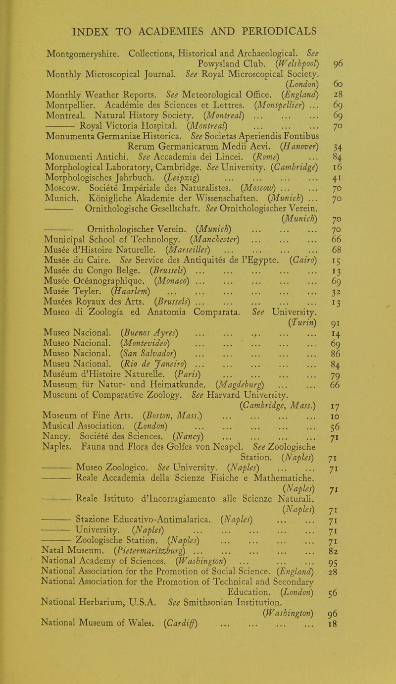 Montgomeryshire. Collections, Historical and Archaeological. See Powysland Club. (Welshpool) 96 Monthly Microscopical Journal. See Royal Microscopical Society. (London) 60 Monthly Weather Reports. See Meteorological Office. (England) 28 Montpellier. Academic des Sciences et Lettres. (Montfellier) ... 69 Montreal. Natural History Society. (Montreal) 69 Royal Victoria Hospital. (Montreal) ... 70 Monumenta Germaniae Historica. See Societas Aperiendis Fontibus Rerum Germanicarum Medii Aevi. (Hanover) 34 Monumenti Antichi. S^^ Accademia dei Lincei. (Rome) ... 84 Morphological Laboratory, Cambridge. S^'^ University. (Cambridge) 16 Morphologisches Jahrbuch. (Leipzig 41 Moscow. Societe Imperiale des Naturalistes. (Moscow) 70 Munich. Konigliche Akademie der Wissenschaften. (Munich) ... 70 Ornithologische Gesellschaft. See Ornithologischer Verein. (Munich) 70 Ornithologischer Verein. (Munich) 70 Municipal School of Technology. (Manchester) 66 Musee d'Histoire Naturelle. (Marseilles) 68 Musee du Caire. See Service des Antiquites de I'Egypte. (Cairo) 15 Musee du Congo Beige. (Brussels) 13 Musee Oceanographique. (Monaco) 69 Musee Teyler. (Haarlem) ... ... 32 Musees Royaux des Arts. (Brussels) 13 Museo di Zoologia ed Anatomia Comparata. See University. (Turin) 91 Museo Nacional. (Buenos Ayres) , 14 Museo Nacional. (Montevideo) ... 69 Museo Nacional. (San Salvador) 86 Museu Nacional. (Rio de Janeiro) 84 Museum d'Histoire Naturelle. (Paris) 79 Museum fiir Natur- und Heimatkunde. (Magdeburg 66 Museum of Comparative Zoology. See Harvard University. (Cambridge, Mass) 17 Museum of Fine Arts. (Boston, Mass) 10 Musical Association. (London) 56 Nancy. Societe des Sciences. (Nancy) 71 Naples. Fauna und Flora des Golfes von Neapel. See Zoologische Station. (Naples) 71 Museo Zoologico. See University. (Naples) ... ... ji Reale Accademia della Scienze Fisiche e Mathematiche. (Naples) 71 Reale Istituto d'lncorragiamento alle Scienze Naturali. (Naples) 71 Stazione Educativo-Antimalarica. (Naples) 71 — University. (Naples) 71 Zoologische Station. (Naples) 71 Natal Museum. (Pietermaritzburg) 82 National Academy of Sciences. (Washington) ... 95 National Association for the Promotion of Social Science. (England) 28 National Association for the Promotion of Technical and Secondary Education. (London) 56 National Herbarium, U.S.A. See Smithsonian Institution. (Washington) 96 National Museum of Wales. (Cardiff) 18