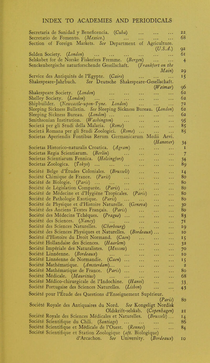 Secretaria de Sanidad y Beneficencia. (Cuba) 22 Secretario de Fomento. (Mexico.) 68 Section of Foreign Markets. See Department of Agriculture. {U.S.J.) 92 Selden Society. (London) ... 61 Selskabet for de Norske Fiskeriers Fremme. (Bergen) 4 Senckenbergische naturforschende Gesellschaft. (Frankfort on the Main) 29 Service des Antiquites de I'Egypte. (Cairo) IS Shakespeare-Jahrbuch. See Deutsche Shakespeare-Gesellschaft. (Weimar) 96 Shakespeare Society. (London) 62 Shelley Society. (London) 62 Shipbuilder. (Newcastle-upon-Tyne. London) ... 72 Sleeping Sickness Bulletin. See Sleeping Sickness Bureau. (London) 62 Sleeping Sickness Bureau. (London) ... 62 Smithsonian Institution. (Washington) 95 Societa per gli Studi della Malaria. (Rome) 85 Societa Romana per gli Studi Zoologici. (Rome) 85 Societas Aperiendis Fontibus Rerum Germanicarum Medii Aevi. (Hanover) 34 Societas Historico-naturalis Croatica. (Agram) i Societas Regia Scientiarum. (Berlin) 7 Societas Scientiarum Fennica. (Helsingfors) 34 Societas Zoologica. (Tokyo) 89 Societe Beige d'Etudes Coloniales. (Brussels) 14 Societe Chimique de France. (Paris) 80 Societe de Biologic. (Paris) 80 Societe de Legislation Comparee. (Paris) 80 Societe de Medecine et d'Hygiene Tropicales. (Paris) 80 Societe de Pathologic Exotique. (Paris) 80 Societe de Physique et d'Histoire Naturelle. (Geneva) 30 Societe des Anciens Textes Franfais. (Paris) ... 80 Societe des Medecins Tcheques. (Prague) 83 Societe des Sciences. (Nancy) 71 Societe des Sciences Naturelles. (Cherbourg) 19 Societe des Sciences Physiques et Naturelles. (Bordeaux) 10 Societe d'Histoire du Droit Normand. (Caen) 15 Societe Hollandaise des Sciences. (Haarlem) 32 Societe Imperiale des Naturalistes. (Moscow) 70 Societe Linn6enne. (Bordeaux) 10 Societe Linneenne de Normandie. (Caefi) 15 Societe Mathematique. (Amsterdam) 2 Societe Mathematique de France. (Paris) 80 Societe Medicale. (Mauritius) 68 Societe Medico-chirurgicale de I'Indochine. (Hanoi) 33 Societe Portugaise des Sciences Naturelles. (Lisbon) 43 Societe pour I'Etude des Questions d'Enseignement Superieur. (Paris) 80 Societe Royale des Antiquaires du Nord. See Kongeligt Nordisk Oldskrift-selskab. (Copenhagen) 21 Societe Royale des Sciences Medicales et Naturelles. (Brussels) ... 14 Societe Scientifique du Chili. (Santiago) 86 Societe Scientifique et Medicale de I'Ouest. (Rennes) 84 Societe Scientifique et Station Zoologique (aft. Biologique) d'Arcachon. See University. (Bordeau.x) 10