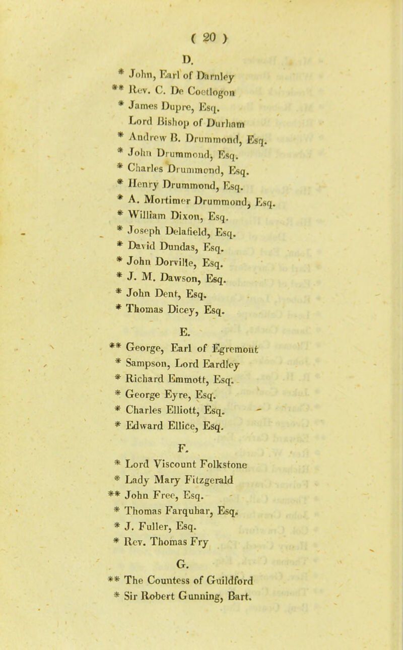 D. * John, Earl of Darnloy ** Rov. C, De Coetlogon * James Dupre, Esq. Lord Bishop of Durliam * Antliow B. Drummond, Esq. * John Drummond, Esq. * Charles Drummond, Esq. * Henry Drummond, Esq. * A. Mortimer Drummond, Esq. * William Dixon, Esq. * Josoph Delafield, Esq. * David Dundas, Esq. * John Dorviile, Esq. * J. M. Dawson, Esq. * John Dent, Esq. * Thomas Dicey, Esq. E. ** George, Earl of Egromont * Sampson, Lord Eardley * Richard Emmott, Esq. * George Eyre, Esq. * Charles Elliott, Esq. * Edward Ellice, Esq. F. * Lord Viscount Folkstone * Lady Mary Fitzgerald ** John Free, Esq. * Thomas Farquhar, Esq. * J. Fuller, Esq. * Rev. Thomas Fry G. ** The Countess of Guildford * Sir Robert Gunning, Bart.