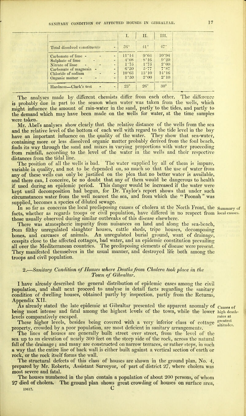 * 1 II. III. Total dissolved constituents 86- 41- 47 Carbonate of lime - Sulphate of lime Nitrate of lime - Carbonate of magnesia - Chloride of sodium Organic matter - 11'14 4'08 1-75 6*30 10-63 1*50 ST 64 8-16 T7o 5-77 13*10 2*00 10-94 9-20 2-00 7-87 14-16 2-10 Hardness—Clark's test 23° 26° 30° The analyses made by different chemists differ from each other. The difference is probably due in part to the season when water was taken from the wells, which might influence the amount of rain-water in the sand, partly to the tides, and partly to the demand which may have been made on the wells for water, at the time samples were taken. Mr. Abel's analyses show clearly that the relative distance of the wells from the sea and the relative level of the bottom of each well with regard to the tide level in the bay have an important influence on the quality of the water. They show that sea-water, containing more or less dissolved organic matter probably derived from the foul beach, finds its way through the sand and mixes in varying proportions with water proceeding from rainfall, according to the level of the water in the wells and their respective distances from the tidal line. The position of all the wells is bad. The water supplied by all of them is impure, variable in quality, and not to be depended on, so much so that the use of water from any of these wells can only be justified on the plea that no better water is available, and there can, I conceive, be no doubt that any of them would be dangerous to health if used during an epidemic period. This danger would be increased if the water were kept until decomposition had begun, for Dr. Taylor's report shows that under such circumstances water from the well nearest the sea, and from which the  Poonah  was supplied, becomes a species of diluted sewage. In so far as concerns the local predisposing causes of cholera at the North Front, the Summary of facts, whether as regards troops or civil population, have differed in no respect from local causes, those usually observed during similar outbreaks of this disease elsewhere. There was atmospheric impurity from nuisances on land and along the sea-beach, from filthy unregulated slaughter houses, cattle sheds, tripe houses, decomposing bones, and carcases of animals. An unregulated burial ground, want of drainage, cesspits close to the affected cottages, bad water, and an epidemic constitution prevailing all over the Mediterranean countries. The predisposing elements of disease were present. They manifested themselves in the usual manner, and destroyed life both among the troops and civil population. 2.—Sanitary Condition of Houses where Deaths from Cholera took place in the Town of Gibraltar. I have already described the general distribution of epidemic cases among the civil population, and shall next proceed to analyse in detail facts regarding the sanitary condition of dwelling houses, obtained partly by inspection, partly from the Returns, Appendix XII. As already stated the late epidemic at Gibraltar presented the apparent anomaly of causes of being most intense and fatal among the highest levels of the town, while the lower high death- levels comparatively escaped. rates at These higher levels, besides being covered with a very inferior class of cottage j^**^ property, crowded by a poor population, are most deficient in sanitary arrangements. The lines of houses are generally built street over street, from the level of the sea up to an elevation of nearly 300 feet on the steep side of the rock, across the natural fall of the drainage; and many are constructed on narrow terraces, or rather steps, in such a way that the entire line of back wall is either built against a vertical section of earth or rock, or the rock itself forms the wall. The structural defects of this class of houses are shown in the ground plan, No. 4, prepared by Mr. Roberts, Assistant Surveyor, of part of district 27, where cholera was most severe and fatal. The houses numbered in the plan contain a population of about 200 persons, of whom 27 died of cholera. The ground plan shows great crowding of houses on surface area, 19617. C