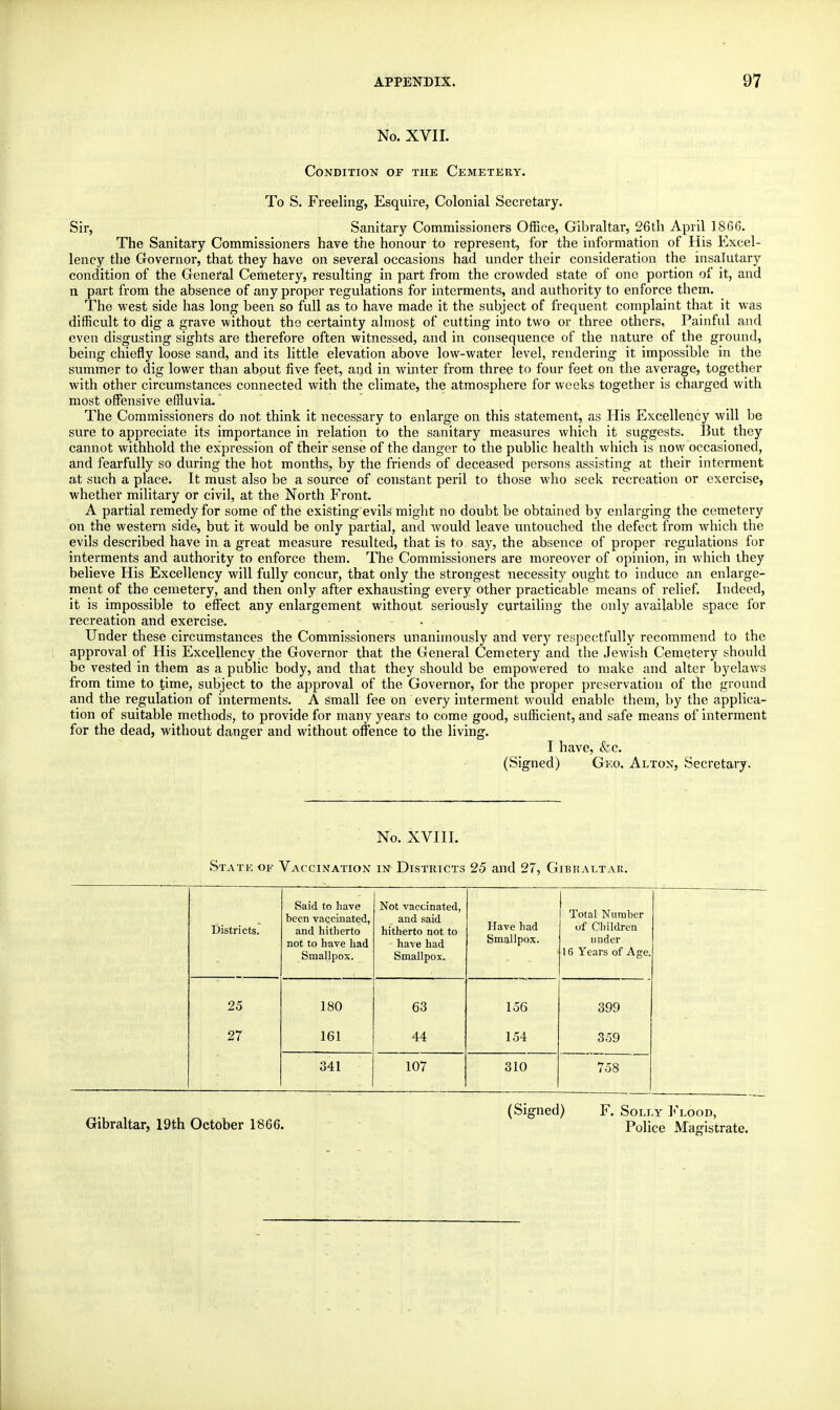 No. XVII. Condition of the Cemetery. To S. Freeling, Esquire, Colonial Secretary. Sir, Sanitary Commissioners Office, Gibraltar, 26th April 1866. The Sanitary Commissioners have the honour to represent, for the information of His Excel- lency the Governor, that they have on several occasions had under their consideration the insalutary condition of the General Cemetery, resulting in part from the crowded state of one portion of it, and n part from the absence of any proper regulations for interments, and authority to enforce them. The west side has long been so full as to have made it the subject of frequent complaint that it was difficult to dig a grave without the certainty almost of cutting into two or three others, Painful and even disgusting sights are therefore often witnessed, and in consequence of the nature of the ground, being chiefly loose sand, and its little elevation above low-water level, rendering it impossible in the summer to dig lower than about five feet, and in winter from three to four feet on the average, together with other circumstances connected with the climate, the atmosphere for weeks together is charged with most offensive effluvia.' The Commissioners do not think it necessary to enlarge on this statement, as His Excellency will be sure to appreciate its importance in relation to the sanitary measures which it suggests. But they cannot withhold the expression of their sense of the danger to the public health which is now occasioned, and fearfully so during the hot months, by the friends of deceased persons assisting at their interment at such a place. It must also be a source of constant peril to those who seek recreation or exercise, whether military or civil, at the North Front. A partial remedy for some of the existing evils might no doubt be obtained by enlarging the cemetery on the western side, but it would be only partial, and would leave untouched the defect from which the evils described have in a great measure resulted, that is to say, the absence of proper regulations for interments and authority to enforce them. The Commissioners are moreover of opinion, in which they believe His Excellency will fully concur, that only the strongest necessity ought to induce an enlarge- ment of the cemetery, and then only after exhausting every other practicable means of relief. Indeed, it is impossible to effect any enlargement without seriously curtailing the only available space for recreation and exercise. Under these circumstances the Commissioners unanimously and very respectfully recommend to the approval of His Excellency the Governor that the General Cemetery and the Jewish Cemetery should be vested in them as a public body, and that they should be empowered to make and alter byelaws from time to time, subject to the approval of the Governor, for the proper preservation of the ground and the regulation of interments. A small fee on every interment would enable them, by the applica- tion of suitable methods, to provide for many years to come good, sufficient, and safe means of interment for the dead, without danger and without offence to the living. I have, &c. (Signed) Geo. Alton, Secretary. No. XVIII. State or Vaccination in Districts 25 and 27, Gibraltar. Districts. Said to have been vaccinated, and hitherto not to have had Smallpox. Not vaccinated, and said hitherto not to have had Smallpox. Have had Smallpox. Total Number of Children under 16 Years of Age. 25 180 63 156 399 27 161 44 154 359 341 107 310 758 (Signed) F. Solly Flood, Gibraltar, 19th October 1866. Police Magistrate.