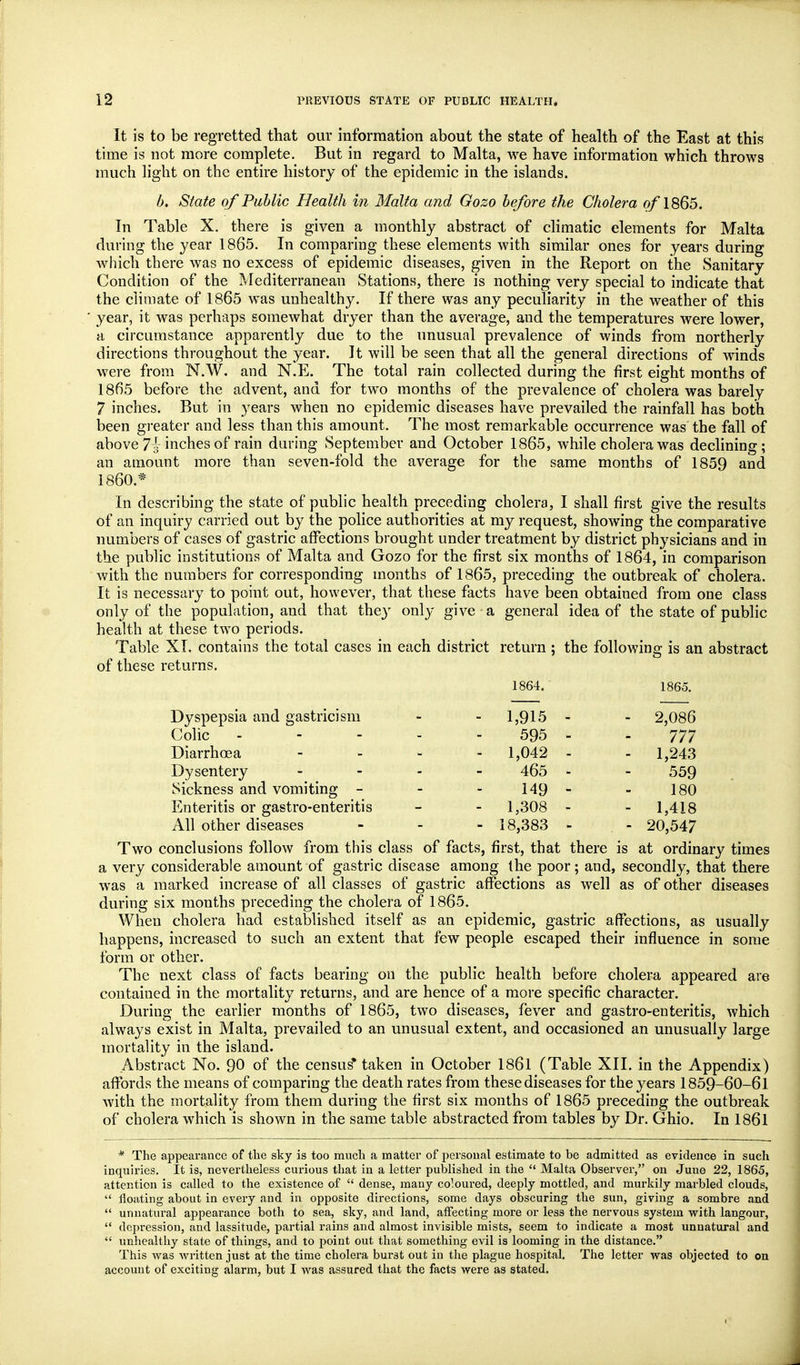 It is to be regretted that our information about the state of health of the East at this time is not more complete. But in regard to Malta, we have information which throws much light on the entire history of the epidemic in the islands. b. State of Public Health in Malta and Gozo before the Cholera o/1865. In Table X. there is given a monthly abstract of climatic elements for Malta during the year 1865. In comparing these elements with similar ones for years during which there was no excess of epidemic diseases, given in the Report on the Sanitary Condition of the Mediterranean Stations, there is nothing very special to indicate that the climate of 1865 was unhealthy. If there was any peculiarity in the weather of this year, it Avas perhaps somewhat dryer than the average, and the temperatures were lower, a circumstance apparently due to the unusual prevalence of winds from northerly directions throughout the year. It will be seen that all the general directions of winds were from N.W. and N.E. The total rain collected during the first eight months of 18fi5 before the advent, and for two months of the prevalence of cholera was barely 7 inches. But in years when no epidemic diseases have prevailed the rainfall has both been greater and less than this amount. The most remarkable occurrence was the fall of above 7i inches of rain during September and October 1865, while cholera was declining; an amount more than seven-fold the average for the same months of 1859 and I860.* In describing the state of public health preceding cholera, I shall first give the results of an inquiry carried out by the police authorities at my request, showing the comparative numbers of cases of gastric affections brought under treatment by district physicians and in the public institutions of Malta and Gozo for the first six months of 1864, in comparison with the numbers for corresponding months of 1865, preceding the outbreak of cholera. It is necessary to point out, however, that these facts have been obtained from one class only of the population, and that they only give a general idea of the state of pubhc health at these two periods. Table XI. contains the total cases in each district return ; the following is an abstract of these returns. 1864. 1865. Dyspepsia and gastricism Colic . - - . Diarrhoea - _ - Dysentery - Sickness and vomiting - Enteritis or gastro-enteritis All other diseases - 1,915 - 595 - - 1,042 - 465 - 149 - - 1,308 - - 18,383 - - 2,086 777 - 1,243 559 180 - 1,418 . - 20,547 Two conclusions follow from this class of facts, first, that there is at ordinary times a very considerable amount of gastric disease among the poor; and, secondly, that there was a marked increase of all classes of gastric affections as well as of other diseases during six months preceding the cholera of 1865. When cholera had established itself as an epidemic, gastric affections, as usually happens, increased to such an extent that few people escaped their influence in some form or other. The next class of facts bearing on the public health before cholera appeared are contained in the mortality returns, and are hence of a more specific character. During the earlier months of 1865, two diseases, fever and gastro-enteritis, which always exist in Malta, prevailed to an unusual extent, and occasioned an unusually large mortality in the island. Abstract No. 90 of the census* taken in October 1861 (Table XII. in the Appendix) affords the means of comparing the death rates from these diseases for the years 1859-60-61 with the mortality from them during the first six months of 1865 preceding the outbreak of cholera which is shown in the same table abstracted from tables by Dr. Ghio. In 1861 * The appearance of the sky is too much a matter of personal estimate to be admitted as evidence in such inquiries. It is, nevertlieless curious that in a letter published in the  Malta Observer, on June 22, 1865, attention is called to the existence of  dense, many coloured, deeply mottled, and murkily marbled clouds,  floating about in every and in opposite directions, some days obscuring the sun, giving a sombre and  unnatural appearance both to sea, sky, and land, affecting more or less the nervous system with langour, '* depression, and lassitude, partial rains and almost invisible mists, seem to indicate a most unnatural and  unhealthy state of things, and to point out that something evil is looming in the distance. This was written just at the time cholera burst out in the plague hospital. The letter was objected to on account of exciting alarm, but I was assured that the facts were as stated.