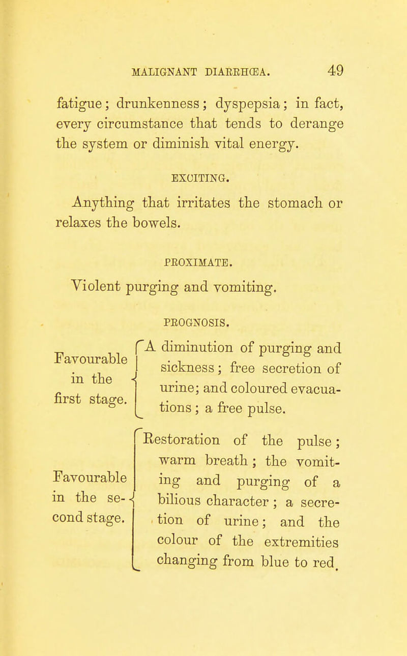 fatigue; drunkenness; dyspepsia; in fact, every circumstance tliat tends to derange tlie system or diminish, vital energy. EXCITING. j^nything that irritates the stomach or relaxes the bowels. PEOXIMATE. Violent purging and vomiting. Favourable in the first stage. Favourable in the se-«! cond stage PEOGNOSIS. 'A diminution of purging and sickness ; free secretion of urine; and coloured evacua- tions ; a free pulse. Eestoration of the pulse; warm breath ; the vomit- ing and purging of a bilious character ; a secre- tion of urine; and the colour of the extremities changing from blue to red.