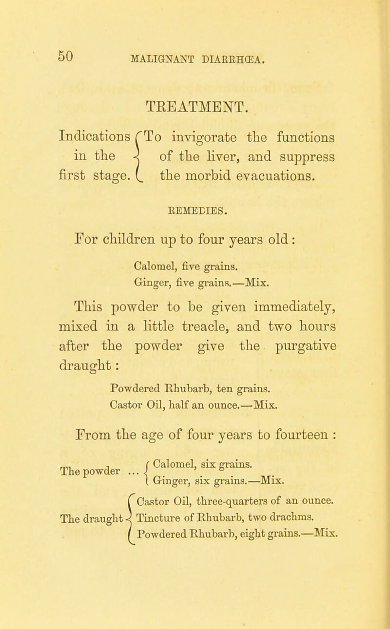 TREATMENT. Indications TTo invigorate tlie functions in tlie < of tlie liver, and suppress first stage. [_ the morbid evacuations. EEMEDIES. For children up to four years old: Calomel, five grains. Ginger, five grains.—Mix. This powder to be given immediately, mixed in a little treacle, and two hours after the powder give the purgative draught: Powdered Rhubarb, ten grains. Castor Oil, half an ounce.—Mix. From the age of four years to fourteen : Thepowder . f Calomel, six grains. ( Ginger, six grains.—Mix. [Castor Oil, three-quarters of an ounce. The draught -< Tincture of Rhubarb, two drachms. ( Powdered Rhubarb, eight gi-ains.—Mix.