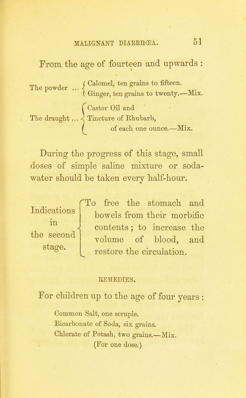 From the age of fourteen and upwards : , ( Calomel, ten grains to fifteen. The powder ... ■{ ' ^ [ Ginger, ten grains to twenty,—Mix. ( Castor Oil and The draught ... ^ Tincture of Rhubarb, I of each one ounce.—Mix. During the progress of this stage, small doses of simple saline mixture or soda- water should be taken every half-hour. Indications in the second stage. To free the stomach and bowels from their morbific contents; to increase the volume of blood, and restore the circulation. REMEDIES. For children up to the age of four years : Common Salt, one scruple. Bicarbonate of Soda, six grains. Chlorate of Potash, two grains.—Mix. (For one dose.)