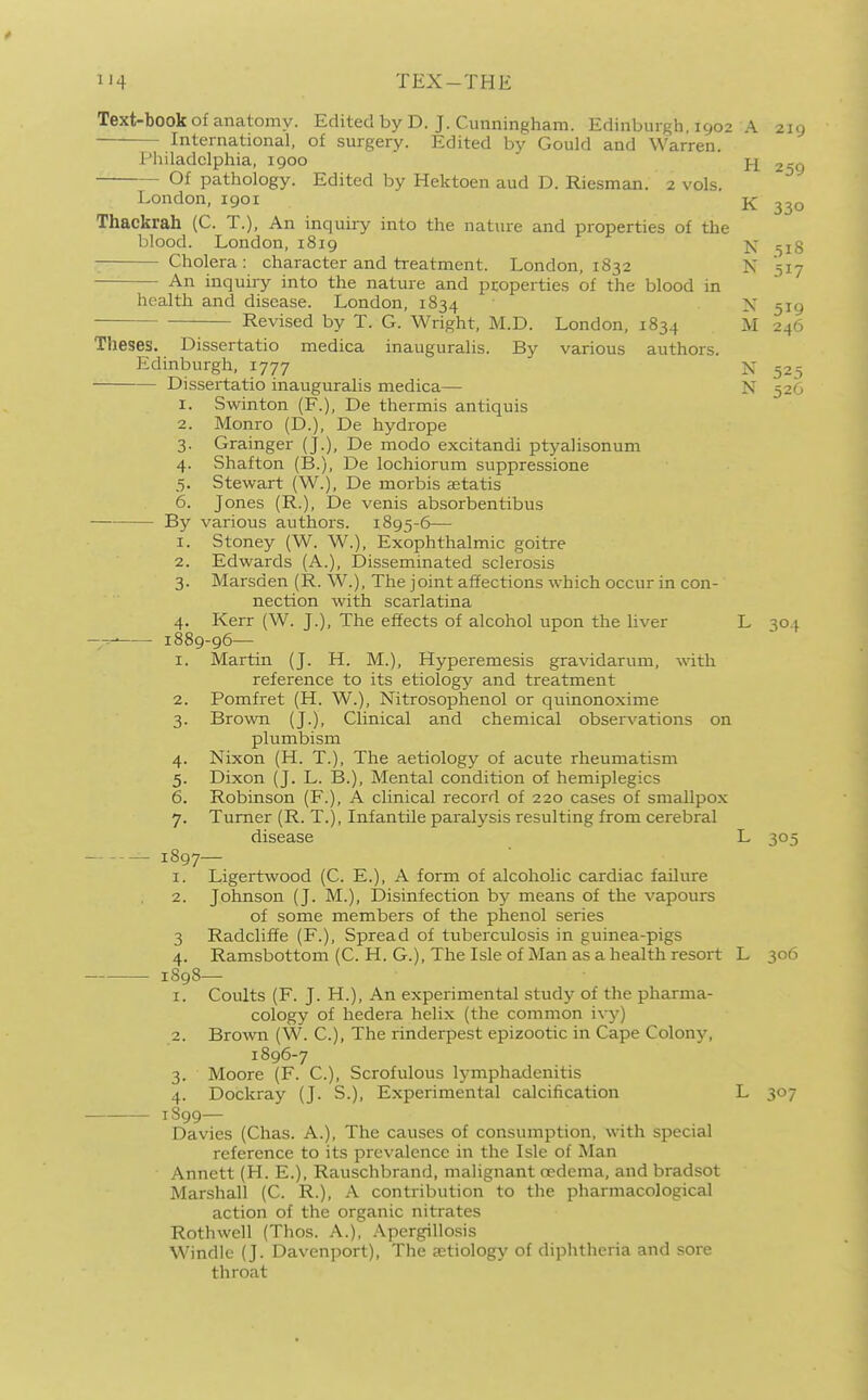 259 330 Text-book of anatomy. Edited by D. J. Cunningham. Edinburgh, 1902 A 219 — International, of surgery. Edited by Gould and Warren. Philadelphia, 1900 Of pathology. Edited by Hektoen aud D. Riesman. 2 vols. London, 1901 Thackrah (C. T.), An inquiry into the nature and properties of the blood. London, 1819 ^jg Cholera: character and treatment. London, 1832 N 517 An inquiry into the nature and properties of the blood in health and disease. London, 1834 X 519 Revised by T. G. Wright, M.D. London, 1834 M 246 Theses. Dissertatio medica inauguralis. By various authors. Edinburgh, 1777 X 525 Dissertatio inauguralis medica— N 526 1. Swinton (P.), De thermis antiquis 2. Monro (D.), De hydrope 3. Grainger (J.), De modo excitandi ptyalisonum 4. Shafton (B.), De lochiorum suppressione 5. Stewart (W.), De morbis aetatis 6. Jones (R.), De venis absorbentibus By various authors. 1895-6— 1. Stoney (W. W.), Exophthalmic goitre 2. Edwards (A.), Disseminated sclerosis 3. Marsden (R. W.), The joint affections which occur in con- nection with scarlatina 4. Kerr (W. J.), The effects of alcohol upon the liver L 304 --^ 1889-96— 1. Martin (J. H. M.), Hyperemesis gravidarum, with reference to its etiology and treatment 2. Pomfret (H. W.), Nitrosophenol or quinonoxime 3. Brown (J.), Clinical and chemical observations on plumbism 4. Nixon (H. T.), The aetiology of acute rheumatism 5. Dixon (J. L. B.), Mental condition of hemiplegics 6. Robinson (F.), A clinical record of 220 cases of smallpox 7. Turner (R. T.), Infantile paralysis resulting from cerebral disease L 305 _ 1897— 1. Ligertwood (C. E.), A form of alcoholic cardiac failure 2. Johnson (J. M.), Disinfection by means of the vapours of some members of the phenol series 3 Radcliffe (F.), Spread of tuberculosis in guinea-pigs 4. Ramsbottom (C. H. G.), The Isle of Man as a health resort L 306 1898— 1. Coults (F. J. H.), An experimental study of the pharma- cology of hedera helix (the common ivy) 2. Brown (W. C), The rinderpest epizootic in Cape Colony, 1896-7 3. Moore (F. C), Scrofulous lymphadenitis 4. Dockray (J. S.), Experimental calcification L 307 1S99— Davies (Chas. A.), The causes of consumption, with special reference to its prevalence in the Isle of Man Annett (H. E.), Rauschbrand, malignant oedema, and bradsot Marshall (C. R.), A contribution to the pharmacological action of the organic nitrates Rothwell (Thos. A.), Apergillosis Windle (J. Davenport), The aetiology of diphtheria and sore throat