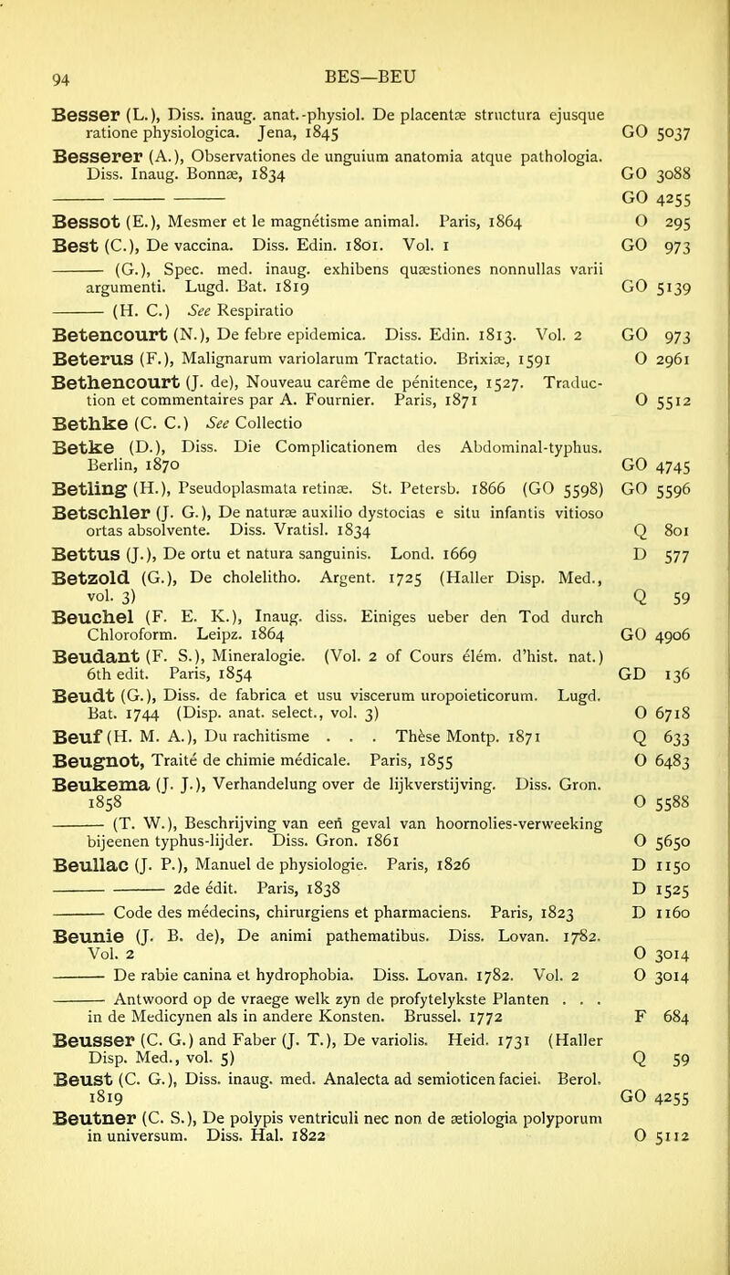 EES—BEU Besser (L.), Diss, inaug. anat.-physiol. De placentce structura ejusque ratione physiologica. Jena, 1845 GO 5^37 Besserer (A.), Observationes de unguium anatomia atque pathologia. Diss. Inaug. Bonnse, 1834 GO 3088 GO 4255 Bessot (E.), Mesmer et le magnetisme animal. Paris, 1864 O 295 Best (C), De vaccina. Diss. Edin. 1801. Vol. i GO 973 (G.), Spec. med. inaug. exhibens qusestiones nonnullas varii argument!. Lugd. Bat. 1819 GO 5139 (H. C.) See Respiratio BetenCOUrt (N.), De febre epidemica. Diss. Edin. 1813. Vol. 2 GO 973 BeteruS (F.), Malignarum variolarum Tractatio. Brixise, 1591 O 2961 Bethencourt (J. de), Nouveau careme de penitence, 1527. Traduc- tion et commentaires par A. Fournier. Paris, 1871 O 5512 Bethke (C. C.) See Collectio Betke (D.), Diss. Die Complicationem des Abdominal-typhus. Berlin, 1870 GO 4745 Betling(H.), Pseudoplasmata retinas. St. Petersb. 1866 (GO 5598) GO 5596 BetSChler (J. G.), De natures auxilio dystocias e situ infantis vitioso ortas absolvente. Diss. Vratisl. 1834 Q 801 BettUS (J.), De ortu et natura sanguinis. Lond. 1669 D 577 BetZOld (G.), De cholelitho. Argent. 1725 (Haller Disp. Med., vol. 3) Q 59 Beuchel (F. E. K.), inaug. diss. Einiges ueber den Tod durch Chloroform. Leipz. 1864 GO 4906 Beudant (F. S.), Mineralogie. (Vol. 2 of Cours elem. d'hist. nat.) 6th edit. Paris, 1854 GD 136 Beudt (G.), Diss, de fabrica et usu viscerum uropoieticorum. Lugd. Bat. 1744 (Disp. anat. select., vol. 3) O 6718 Beuf (H. M. A.), Du rachitisme . . . Th^se Montp. 1871 Q 633 Beugnot, Traite de chimie medicale. Paris, 1855 O 6483 Beukema (J. J.), Verhandelung over de lijkverstijving. Diss. Gron. 1858 O 5588 (T. W.), Beschrijving van eeri geval van hoornolies-verweeking bijeenen typhus-lijder. Diss. Gron. i86i O 5650 Beullac (J. P.), Manuel de physiologie. Paris, 1826 D H50 2de edit. Paris, 1838 D 1525 Code des medecins, chirurgiens et pharmaciens. Paris, 1823 D 1160 Beunie (J. B. de), De animi pathematibus. Diss. Lovan. 1782. Vol. 2 0 3014 De rabie canina et hydrophobia. Diss. Lovan. 1782. Vol. 2 O 3014 Antwoord op de vraege welk zyn de profytelykste Planten . . . in de Medicynen als in andere Konsten. Brussel. 1772 F 684 Beusser (C. G.) and Faber (J. T.), De variolis. Heid. 1731 (Haller Disp. Med., vol. 5) Q 59 Beust (C. G.), Diss, inaug. med. Analecta ad semioticen faciei. Berol. 1819 GO 4255 Beutner (C. S.), De polypis ventriculi nec non de setiologia polyporum in universum. Diss. Hal. 1822 0 5112