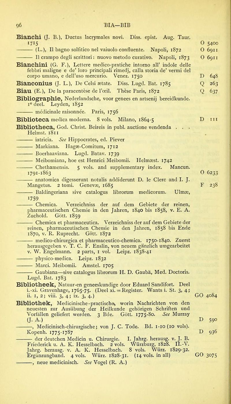 Bianchi (J. B.), Ductus lacrymales novi. Diss, epist. Aug. Taur. 1715 (L.), II bagno solfitico nel vaiuolo confluente. Napoli, 1872 II crampo degli scrittori: nuovo metodo curativo. Napoli, 1873 Bianchini (G. F.), Lettere medico-pratiche intorno all' indole delle febbri maligne e de' loro principali rimedj, calla storia de' vermi del corpo umano, e deH'uso mercurio. Venez. 1750 Bianconius (J. L.), De Celsi fetate. Diss. Lugd. Bat. 1785 Biau (E.), De la paracentese de I'oeil. Th^se Paris, 1872 Bibliographie, Nederlandsche, voor genees en artsenij bereidkunde. deal. Leyden, 1852 ——— medicinale raisonnee. Paris, 1756 Biblioteca medica moderna. 8 vols. Milano, 1864-5 Bibliotheca, God. Christ. Beireis in publ. auctione vendenda ■ . . Helmst. i8ii iatricia. See Hippocrates, ed. Piever Markiana. Hagse-Comitum, 1712 Boerhaaviana. Lugd. Batav. 1739 Meibomiana, hoe est Henrici Meibomii. HelmKst. 1742 Chethamensis. 5 vols, and supplementary index. Mancun. 1791-1863 anatomica digesserunt notulis addiderunt D. le Clerc and I. J. Mangetus. 2 tomi. Genevae, 1685 Baldingeriana sive catalogus librorum medicorum, Ulmze, 1759 — Chemica. Verzeichniss der auf dem Gebiete der reinen, pharmaceutischen Chemie in den Jahren, 1840 bis 1858, v. E. A. Zuchold. Gott. 1859 — Chemica et pharmaceutica. Verzeichniss der auf dem Gebiete der reinen, pharmaceutischen Chemie in den Jahren, 1858 bis Ende 1870, v. R. Ruprecht. Gott. 1872 — medico-chirurgica et pharmaceutico-chemica. 1750-1840. Zuerst herausgegeben v. T. C. F. Enslin, von neuem ganzlich umgearbeitet v. W. Engelmann. 2 parts, I vol. Leipz. 1838-41 — physico-medica. Leipz. 1832 — Marci. Meibomii. Amstel. 1705 Gaubiana—sive catalogus librorum H. D. Gaub'a, Med. Doctoris. Lugd. Bat. 1783 Bibliotheek, Natuur-en geneeskundige door Eduard Sandifort. Deel i. -xi. Gravenhage, 1765-75. (Deel xi. = Register. Wants i. St. 3, 4; ii. I, 2; viii. 3, 4; ix. 3, 4.) Bibliothek, Medicinische-practisches worin Nachrichten von den neuesten zur Ausiibung der Heilkunde gehorigen Schriften und Vorfalien geliefert werden. 3 Bde. Gott. 1775-80. See Murray (J. A.) , Medicinisch-chirurgische; von J. C. Tode. Bd. I-10 (10 vols). Kopenh. 1775-1787 der deutchen Medicin u. Chirurgie. I. Jahrg. herausg. v. J. B. Friederick u. A. K. Hesselbach. 2 vols. Wiirzburg, 1828. II.-V. Jahrg. herausg. v. A. K. Hesselbach. 8 vols. Wiirz. 1829-32. Erganzungband. 4 vols. Wiirz. 1828-31. (14 vols, in all) , neue medicinisch. i>£ Vogel (R. A.) O 5400 0 6911 O 6911 D 648 Q 263 Q 637 D III 0 6233 F 238 GO 4084 D 590 D 936 GO 307s