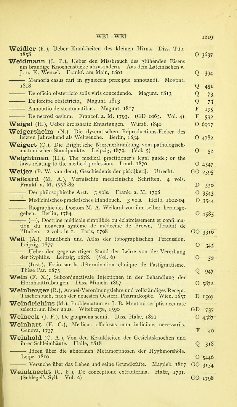 Weidler (F.), Ueber Krankheiten des kleinen Hirns. Diss. Tiib. 1858 O 3637 Weidmann (J. P.), Ueber den Missbrauch des gliihenden Eisens um brandige Knochenstiicke abzusondern. Aus (^em Lateinischen v. J. u. K. Wenzel. Frankf. am Main, 1801 Q 394 Memoria casus rari in gynreceis prrecipue annotandi. Mogont. 1818 Q 451 — De officio obstetricio solis viris concedendo. Magunt. 1813 Q 73 De forcipe obstetricio^, Magunt. 1813 Q 73 Annotatio de steatomatibus. Magunt. 1817 P' 195 De necrosi ossium. Francof. a. M. 1793. (GD 1065. Vol. 4) F 592 Weigel (H.), Ueber krebshafte Entartungen. Wiirzb. 1840 O 6907 Weigersheim (N.), Die dyscratischen Reproductions-Fieber des letzten Jahrzehend als Weltseuche. Berlin, 1834 O 4782 Weigert (C), Die Bright'sche Nierenerkrankung vom pathologisch- anatomischen Standpunkte. Leipzig, 1879. (Vol. 5) O 52 Weightman (H.), The medical practitioner's legal guide; or the laws relating to the medical profession. Lond. 1870 O 4S47 Weijer (P. W. van dem), Geschiedenis der piskijkerij. Utrecht. GO 2595 Weikard (M. A.), Vermischte medicinische Schriften. 4 vols. Frankf. a. M. 1778-82 D 550 r- Der philosophische Arzt. 3 vols. Frank, a. M. 1798 O 3543 '— Medicinisches-pracktisches Handbuch. 3 vols. Ileilb. 1802-04 O 3544 Biographic des Doctors M. A. Weikard von ihm selber herausge- geben. Berlin, 1784 O 4585 (—), Doctrine medicale simplifiee ou eclaircissement et confirma- tion du nouveau systeme de medecine de Brown. Traduit de ritalien. 2 vols, in I. Paris, 1798 GO 3316 Weil (A.), Handbuch und Atlas der topographischen Percussion. Leipzig, 1877 O 345 Ueber den gegenwartigen Stand der Lehre von der Vererbung der Syphilis. Leipzig, 1878. (Vol. 6) O 52 (Inst.), Essio sur la determination clinique de I'astigmatisme. These Par. 1875 Q 947 Wein (F. X.), Subconjunctivale Injectionen in der Behandlung der Hornhauttriibungen. Diss. Miinch. 1867 O 5872 Weinberger (R.), Arznei-Verordnungslehre und vollstiindiges Recept- Taschenbuch, nach der neuesten Oesterr. Pharmakopoe. Wien. 1S57 D 1597 Weindrichius (M.), Problematum ex J. B. Montani scriptis accurate selectorum liber unus. Witebergte, 1590 GD 737 Weineck (J. F.), De gangraena senili. Diss. Halss, 1821 O 4387 Weinhart (F. C), Medicus officiosus cum indicibus necessariis. Geneva, 1737 F 40 Weinhold (C. A.), Von den Krankheiten der Gesichtsknochen und ihrer Schleimhaute. Halle, 1818 Q 318 Ideen iiber die abnormen Metamorphosen der Hyghmorshole. Leipz. 1810 O 5446 Versuche iiber das Leben und seine Grundkrafte. Magdeb. 1817 GO 3154 Weinknecht (C. F.), De conceptione extrauterina. Halas, 1791. (Schlegel's Syll. Vol. 2) GO 1798