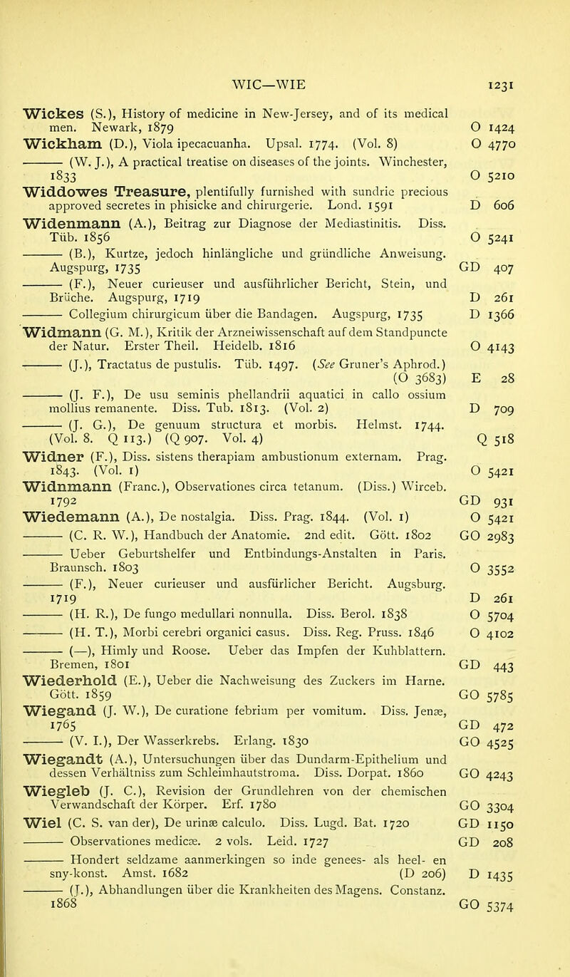 Wickes (S.)j History of medicine in New-Jersey, and of its medical men. Newark, 1879 O 1424 Wickham (D.), Viola ipecacuanha. Upsal. 1774. (Vol. 8) O 4770 ■ (W. J.), A practical treatise on diseases of the joints. Winchester, 1833 O 5210 Widdowes Treasure, plentifully furnished with sundrie precious approved secretes in phisicke and chirurgerie. Lond. 1591 D 606 Widenmann (A.), Beitrag zur Diagnose der Mediastinitis. Diss. Tilb. 1856 O 5241 (B.), Kurtze, jedoch hinlangliche und griindliche Anweisung. Augspurg, 1735 GD 407 (F.), Neuer curieuser und ausfiihrlicher Bericht, Stein, und Briiche. Augspurg, 1719 D 261 Collegium chirurgicum iiber die Bandagen. Augspurg, 1735 ^ 1366 Widmann (G. M.), Kritik der Arzneiwissenschaft auf dem Standpuncte der Natur. Erster Theil. Heidelb. 1816 O 4143 (J.), Tractatus de pustulis. Tiib. 1497. Gruner's Aphrod.) (O 3683) E 28 (J. F.), De usu seminis phellandrii aquatici in callo ossium mollius remanente. Diss. Tub. 1813. (Vol. 2) D 709 (J. G.), De genuum structura et morbis. Helmst. 1744. (Vol.8. Q113.) (Q 907. V0L4) Q 518 Widner (F.), Diss, sistens therapiam ambustionum externam. Prag. 1843. (Vol. r) O 5421 Widnmann (Franc), Observationes circa tetanum. (Diss.) Wirceb. 1792 GD 931 Wiedemann (A.), De nostalgia. Diss. Prag. 1844. (Vol. i) O 5421 (C. R. W.), Handbuch der Anatomic. 2nd edit. Gott. 1802 GO 2983 Ueber Geburtshelfer und Entbindungs-Anstalten in Paris. Braunsch. 1803 O 3552 (F.), Neuer curieuser und ausfiirlicher Bericht. Augsburg. 1719 D 261 (H. R.), De fungo medullari nonnulla. Diss. Berol. 1838 O 5704 (H. T.), Morbi cerebri organici casus. Diss. Reg. Pruss. 1846 O 4102 (—), Himly und Roose. Ueber das Impfen der Kuhblattern. Bremen, 1801 GD 443 Wiederhold (E.), Ueber die Nachweisung des Zuckers im Harne. Gott. 1859 GO 5785 Wiegand (J. W.), De curatione febriiim per vomitum. Diss. Jense, 1765 GD 472 (V. I.), Der Wasserkrebs. Erlang. 1830 GO 4525 Wiegandt (A.), Untersuchungen iiber das Dundarm-Epithelium und dessen Verhaltniss zum Schleimhautstroma. Diss. Dorpat. i860 GO 4243 Wiegleb (J. C.), Revision der Grundlehren von der chemischen Verwandschaft der Korper. Erf. 1780 GO 3304 Wiel (C. S. van der), De urinse calculo. Diss. Lugd. Bat. 1720 GD 1150 Observationes medicK. 2 vols. Leid. 1727 GD 208 Hondert seldzame aanmerkingen so inde genees- als heel- en sny-konst. Amst. 1682 (D 206) D 1435 (T.), Abhandlungen iiber die Krankheiten des Magens. Constanz. 1868 GO 5374