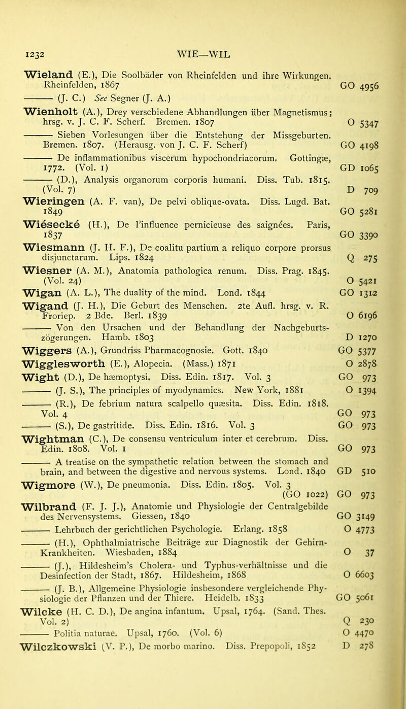 Wieland (E.), Die Soolbader von Rheinfelden und ihre Wirkungen. Rheinfelden, 1867 GO 4956 (J. C.) Segner (J. A.) Wienholt (A.), Drey verschiedene Abhandlungen iiber Magnetismus; hrsg. V. J. C. F. Scherf. Bremen. 1807 O 5347 Sieben Vorlesungen iiber die Entstehung der Missgeburten. Bremen. 1807. (Herausg. von J. C. F. Scherf) GO 4198 De inflammationibus viscerum hypochondriacorum, GottingjE, 1772. (Vol. I) GD 1065 (D.), Analysis organorum corporis humani. Diss. Tub. 1815. (Vol. 7) D 709 Wieringen (A. F. van), De pelvi oblique-ovata. Diss. Lugd. Bat. 1849 GO 5281 Wiesecke (H.), De I'influence pernicieuse des saignees. Paris, 1837 GO 3390 Wiesmann (J. H. F.), De coalitu partium a reliquo corpore prorsus disjunctarum. Lips. 1824 Q 275 Wiesner (A. M.), Anatomia pathologica renum. Diss. Prag. 1845. (Vol. 24) O 5421 Wigan (A. L.), The duality of the mind. Lend. 1844 GO 1312 Wigand (J. H.), Die Geburt des Menschen. 2te Aufl. hrsg. v. R. Froriep. 2 Bde. Berl. 1839 O 6196 Von den Ursachen und der Behandlung der Nachgeburts- zogeriingen. Hamb. 1803 D 1270 Wiggers (A.), Grundriss Pharmacognosie. Gott. 1S40 GO 5377 Wigglesworth (E.), Alopecia. (Mass.) 1871 O 2878 Wight (D.), De hremoptysi. Diss. Edin. 1817. Vol. 3 GO 973 (J. S.), The principles of myodynamics. New York, 1881 O 1394 (R-)> De febrium natura scalpello qusesita. Diss. Edin. 1818. Vol. 4 GO 973 (S.), De gastritide. Diss. Edin. 1816. Vol. 3 GO 973 Wightman (C), De consensu ventriculum inter et cerebrum. Diss. Edin. 1808. Vol. I GO 973 A treatise on the sympathetic relation between the stomach and brain, and between the digestive and nervous systems. Lond. 1840 GD 510 Wigmore (W.), De pneumonia. Diss. Edin. 1805. Vol. 3 (GO 1022) GO 973 Wilbrand (F. J. J.), Anatomic und Physiologic der Centralgebilde des Nervensystems. Giessen, 1840 GO 3149 Lehrbuch der gerichtlichen Psychologic. Erlang. 1858 O 4773 (H.), Ophthalmiatrische Beitrage zur Diagnostik der Gehirn- Krankheiten. Wiesbaden, 1884 O 37 (J.), Hildesheim's Cholera- und Typhus-verhiiltnisse und die Desinfection der .Stadt, 1867. Hildesheim, 1868 O 6603 (J. B.), Allgemeine Physiologic insbesondere vergleichende Phy- siologic der Pflanzen und der Thiere. Heidelb. 1833 GO 5061 Wilcke (II. C. D.), De angina infantum. Upsal, 1764. (Sand. Thes. Vol. 2) Q 230 Politia naturae. Upsal, 1760. (Vol. 6) O 4470 Wilczkowski (V. P.), De morbo marino. Diss. Prepopoli, 1852 D 278