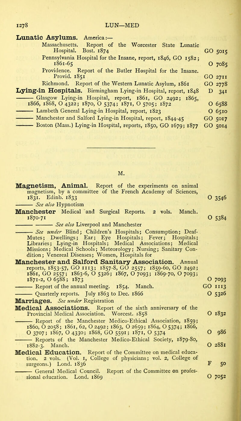 Lunatic Asylums. America:— Massachusetts. Report of the Worcester State Lunatic Hospital. Bost. 1874 GO 5015 Pennsylvania Hospital for the Insane, report, 1846, GO 1582; 1861-65 O 7085 Providence. Report of the Butler Hospital for the Insane. Provid. 1851 GO 2711 Richmond. Report of the Western Lunatic Asylum, 1861 GO 2778 Lying-in Hospitals. Birmingham Lying-in Hospital, report, 1848 D 341 Glasgow Lying-in Hospital, report, i86i, GO 2492; 1865, 1866, 1868, O 4322; 1870, O 5374; 1871, O 5705; 1872 O 6588 Lambeth General Lying-in Hospital, report, 1823 O 6510 Manchester and Salford Lying-in Hospital, report, 1844-45 GO 5017 Boston (Mass.) Lying-in Hospital, reports, 1850, GO 1679; 1877 GO 5014 M. Magnetism, Animal. Report of the experiments on animal magnetism, by a committee of the French Academy of Sciences, 1831. Edinb. 1833 O 3546 See also Hypnotism Manchester Medical and Surgical Reports. 2 vols. Manch. 1870- 71 O 5384 See also Liverpool and Manchester See under Blind; Children's Hospitals; Consumption; Deaf- Mutes; Dwellings; Ear; Eye Hospitals; Fever; Hospitals; Libraries; Lying-in Hospitals; Medical Associations; Medical Missions; Medical Schools; Meteorology; Nursing; Sanitary Con- dition; Venereal Diseases; Women, Hospitals for Manchester and Salford Sanitary Association. Annual reports, 1853-57, GO 1113; 1857-8, GO 2557; 1859-60, GO 2492; 1861, GO 2557; 1863-6, O 5326; 1867, O 7093; 1869-70, O 7093; 1871- 2,06588; 1873 O 7093 Report of the annual meeting. 1854. Manch. GO 1113 Quarterly reports. July 1863 to Dec. 1866 O 5326 Marriages. See tmder Registration Medical Associations. Report of the sixth anniversary of the Provincial Medical Association. Worcest. 1858 O 1832 Report of the Manchester Medico-Ethical Association, 1859; 1860,02058; 1861,62,02492; 1863, O2659; 1864,05374; 1866, O 3707; 1867, O4330; 1868, GO 5591; 1871, O 5374 O 986 Reports of the Manchester Medico-Ethical Society, 1879-80, 1882-3. Manch. O 2881 Medical Education. Report of the Committee on medical educa- tion. 2 vols. (Vol. I, College of physicians; vol. 2, College of surgeons.) Lond. 1836 F 5° General Medical Council. Report of the Committee on profes- sional education. Lond. 1869 O 7052