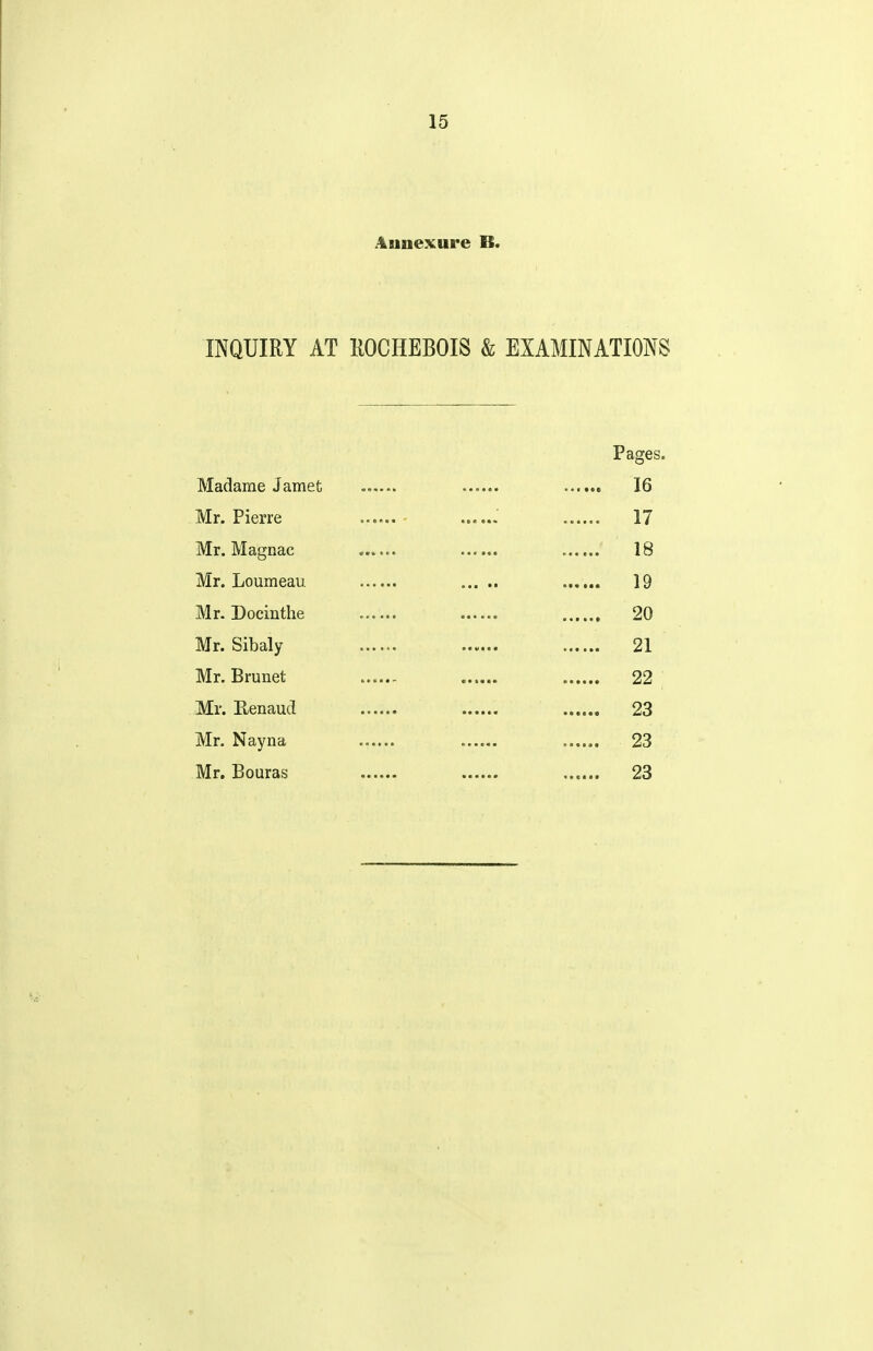 Aunexure B. INQUIRY AT HOCHEBOIS & EXAMINATIONS Pages. Madame Jamet ...... 16 Mr. Pierre ...... ...... 17 Mr. Magnac 18 Mr. Loumeau 19 Mr. Docinthe 20 Mr. Sibaly 21 Mr. Brunet 22 Mr. Eenaud 23 Mr. Nayna 23 Mr. Bouras 23