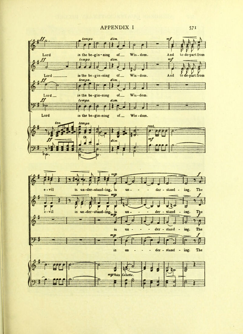 m tempo. a Hm. i Lord ff 19 the be-gin-ning of Wis-dom. tempo. dim. And to de-part from 19 the be-gin-ning of Wis-dom tempo. dim.^ Lord. And to de-part from Lord is the be-gin-ning of Wis-dom. tempo. dim. Lord is the be->gin-ning of Wis-dom. tempo. e - vil is un'der-»tand-ing, is un mp der - stand - ing. The JL. e-vil IS un-<ler*staiui-i&g» is ua. - - der - stand - in^ d«r - stand - ing. The f IS on der - stand r I ir r ^ ir ing. The IS an der - stand - tug. The l'f etc; mpWoix Celeste.